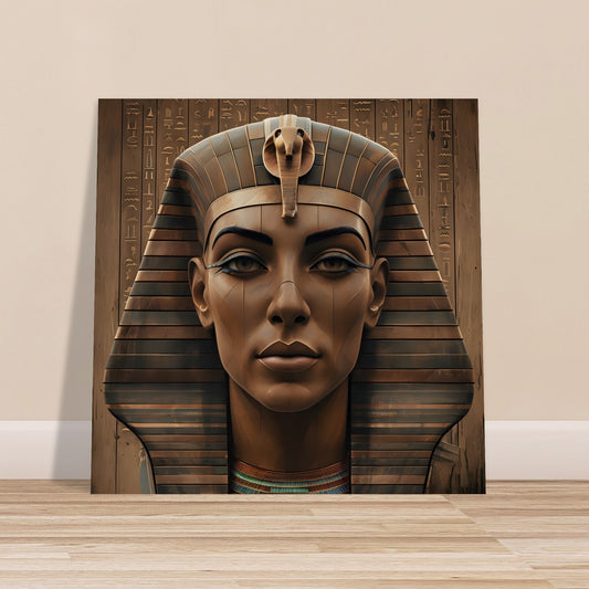 Digital artwork of an ancient Egyptian Pharaoh with regal headpiece, set against a neutral-toned background â€“ modern semi-glossy wall art print