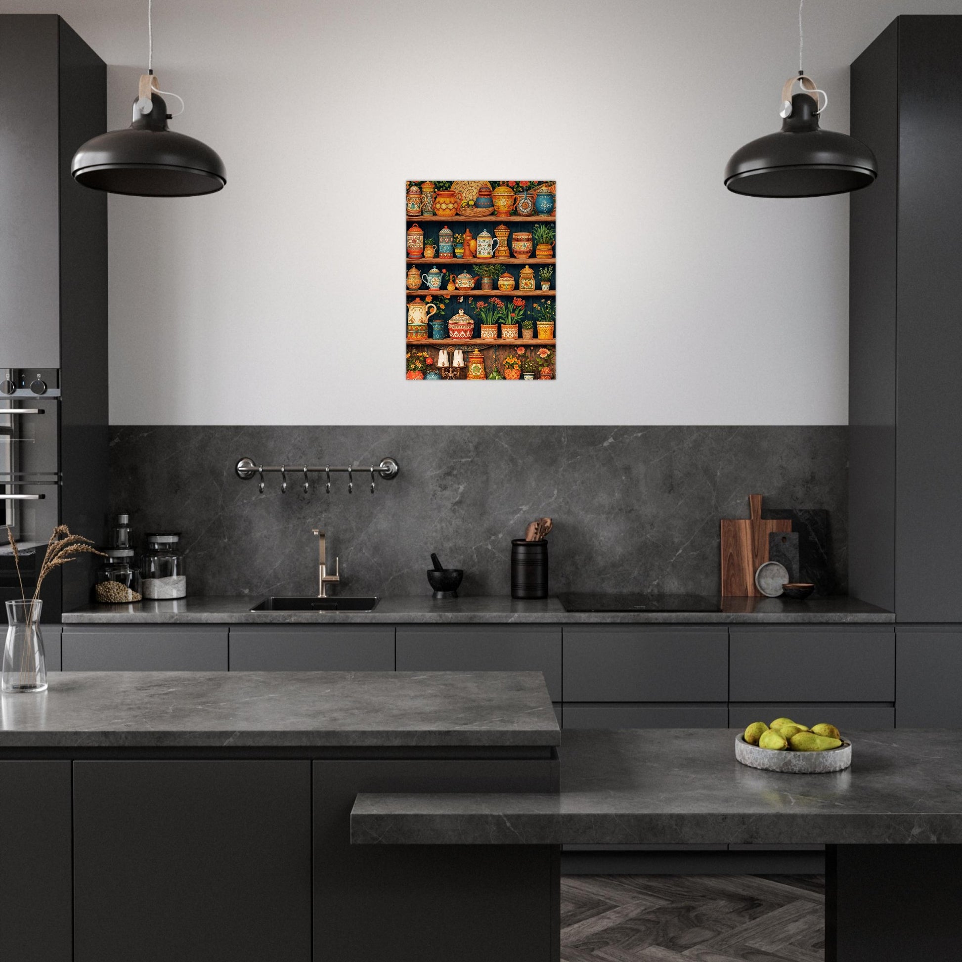 Modern kitchen with dark cabinets, gray countertops, and a decorative wall art piece.