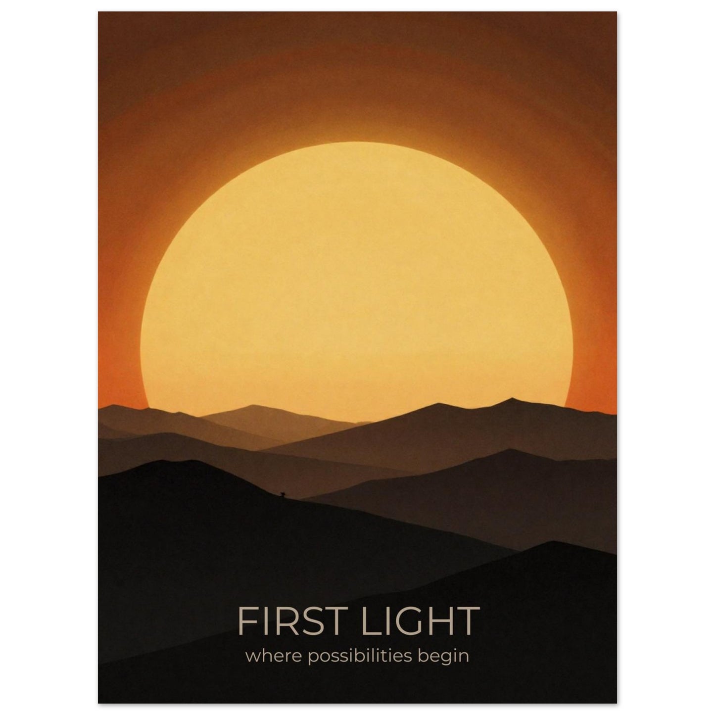 Close-up of First Light sunrise wall art showcasing a large glowing sun and minimalist mountain landscape in amber and gold colours.