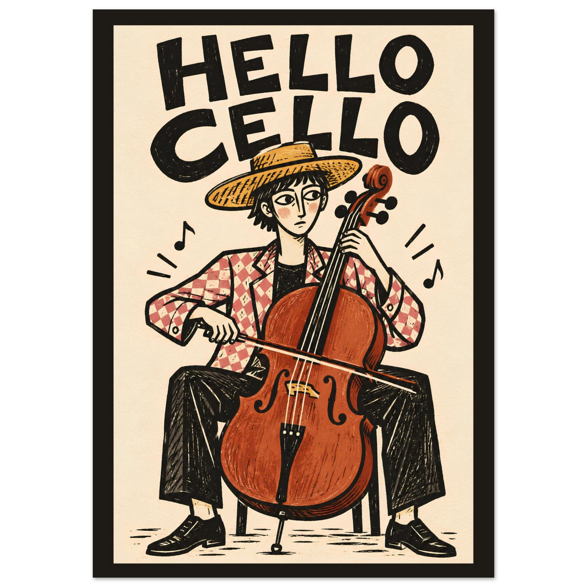 A framed art print featuring a stylized illustration of a person playing a cello, with the text 'HELLO CELLO' above. The print has a cream background, bold black lettering, and a black frame.