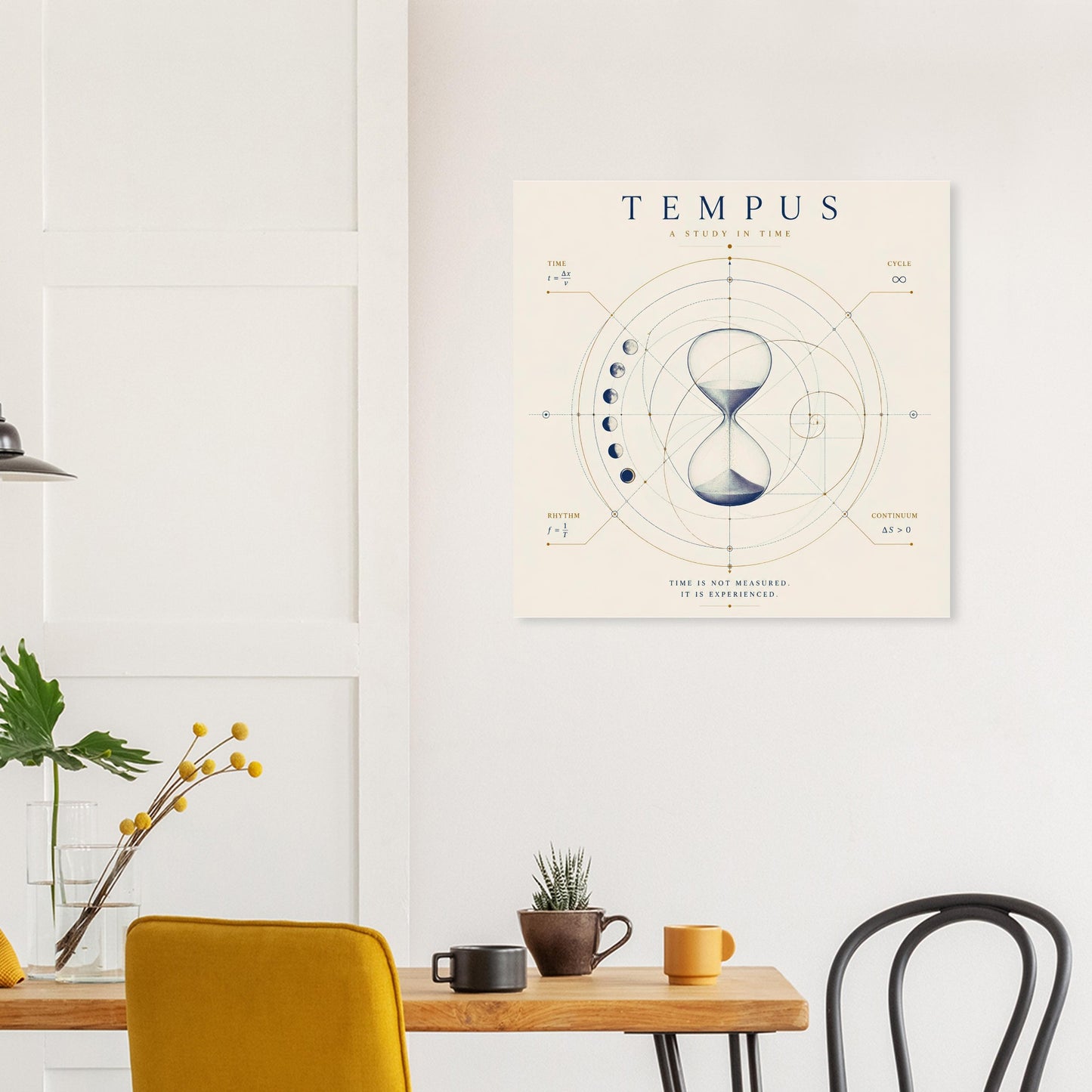 Modern geometric hourglass wall art displayed in a bright contemporary living room with indoor plants.