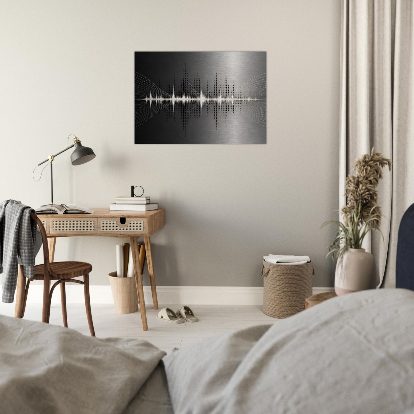 Modern music-inspired metal wall art displayed above a compact desk and shelving in a light neutral bedroom.