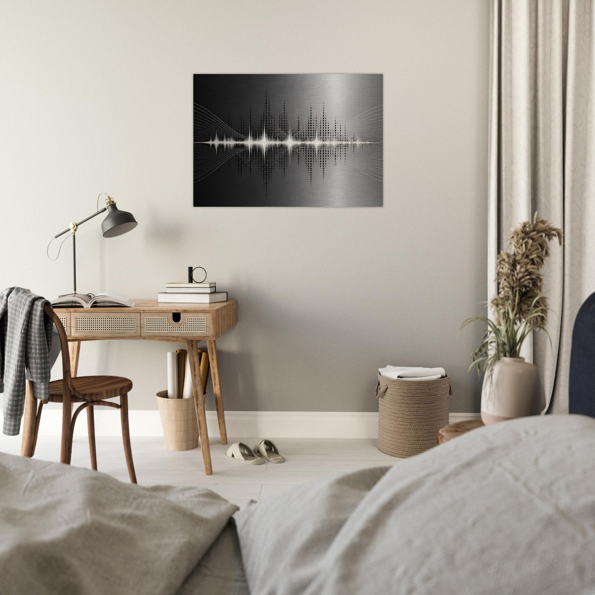Modern music-inspired metal wall art displayed above a compact desk and shelving in a light neutral bedroom.