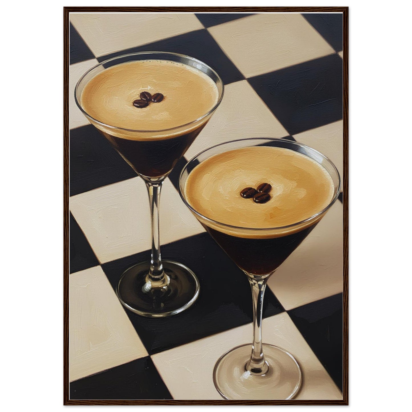 Framed Espresso Martini print featuring two classic cocktails with rich coffee tones and a geometric checkerboard pattern.