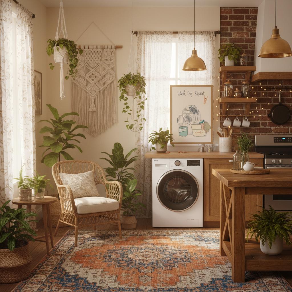 Modern laundry room with washing machine, wooden furniture, and decorative plants.