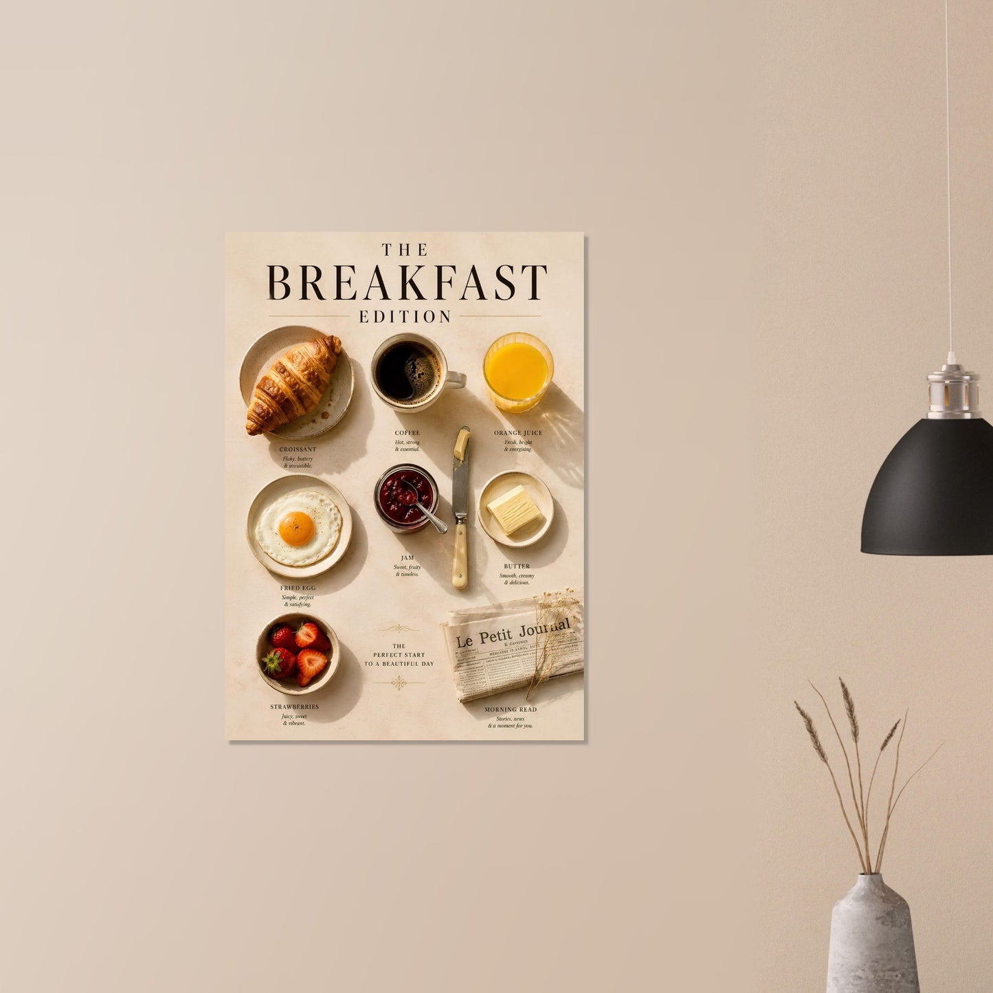 Poster of breakfast items on a beige wall with a black pendant light and white vase.