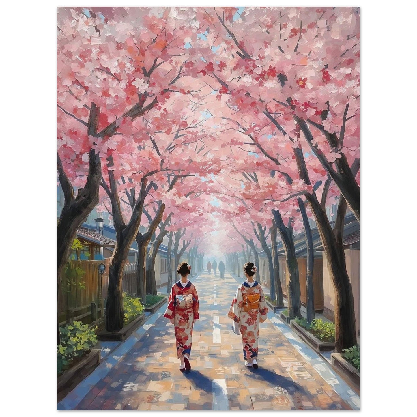 Poster of Two women in traditional Japanese kimono walking under cherry blossom trees.