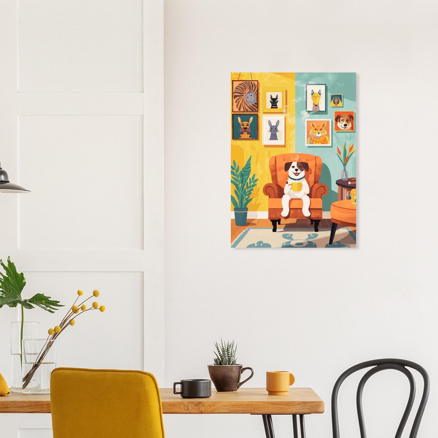 Colorful wall art of a dog on an armchair in a living room setting.
