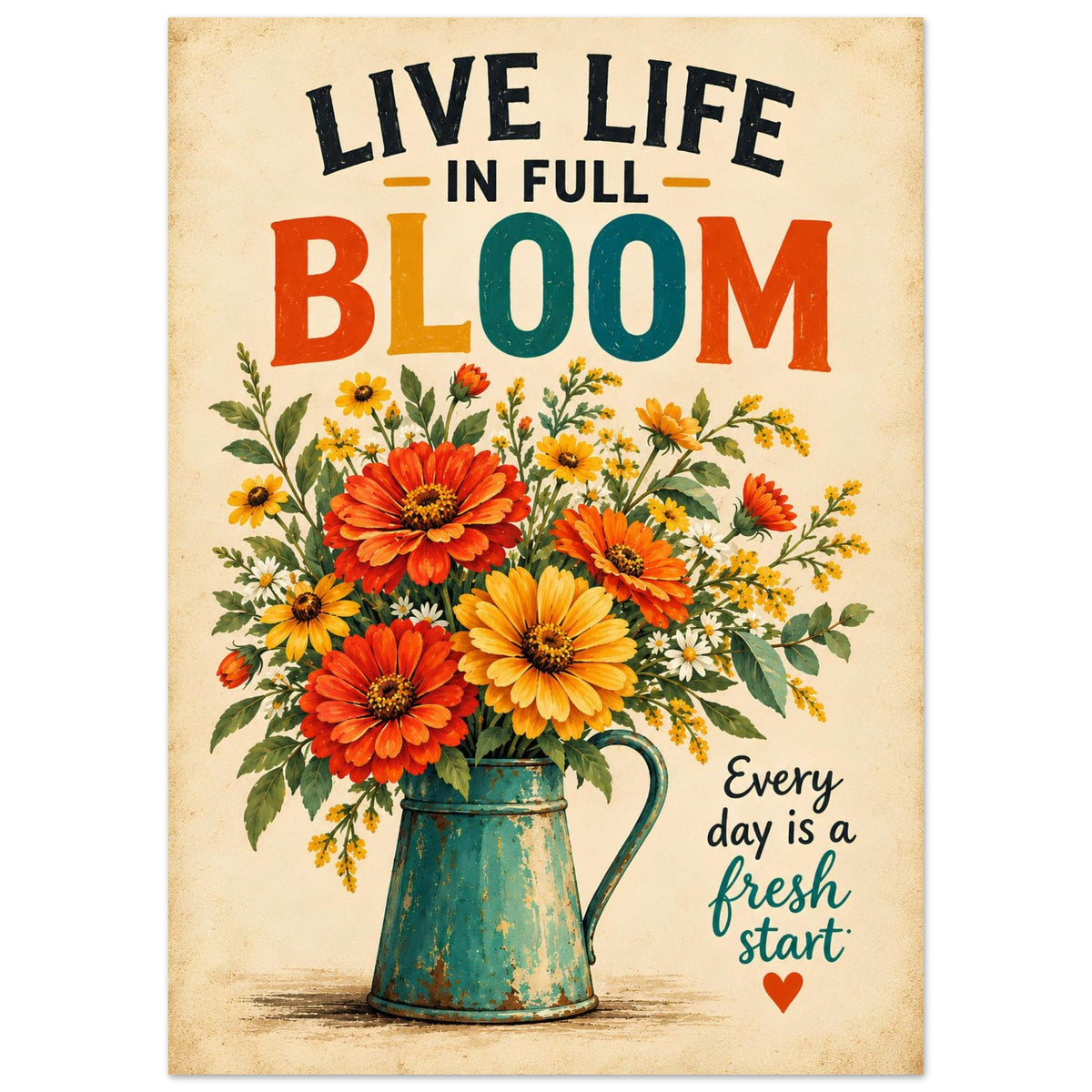 A decorative metal art print or poster with a vintage floral design. The artwork features a teal pitcher filled with orange, yellow, and red flowers on a textured beige background.