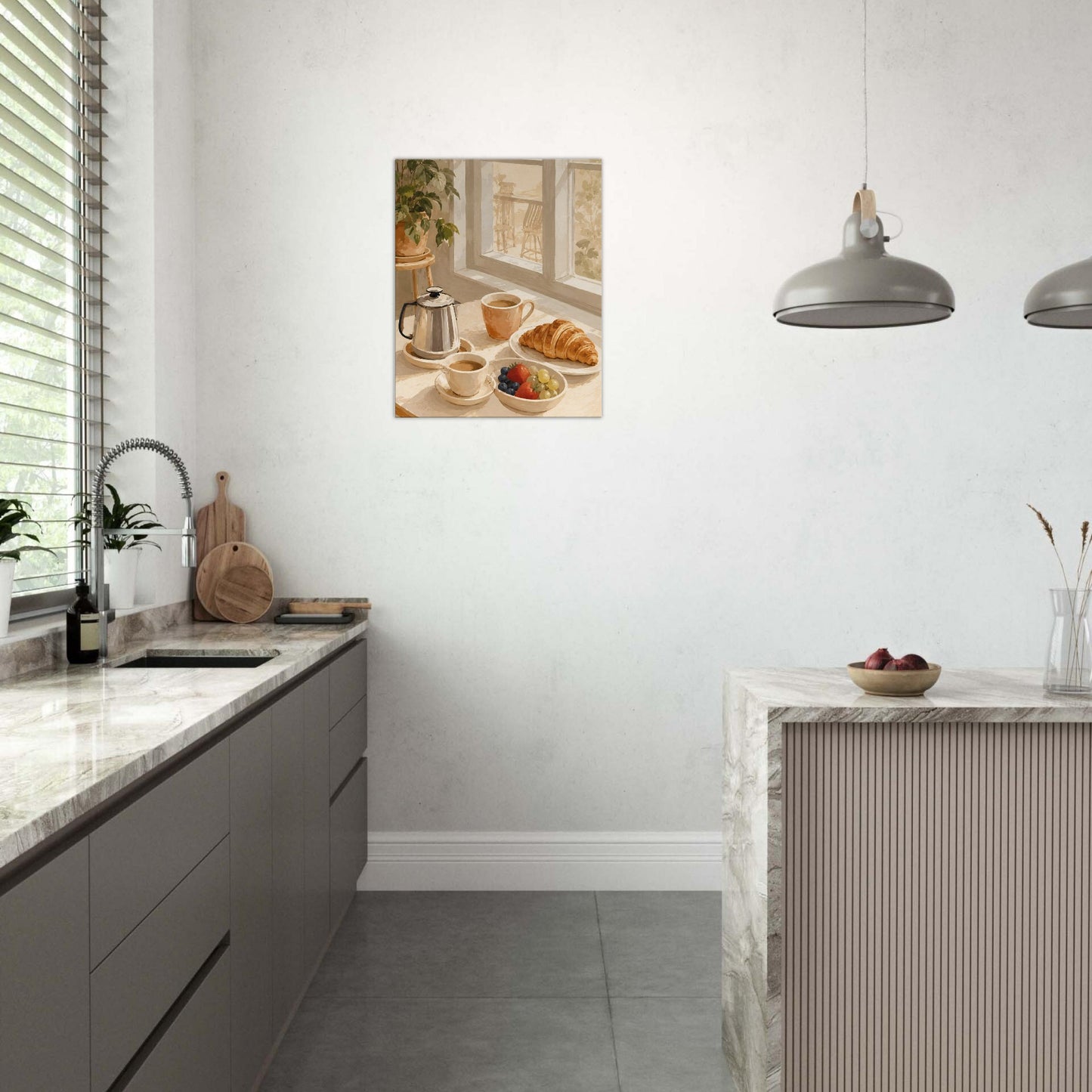 Modern kitchen interior with a decorative wall art piece.