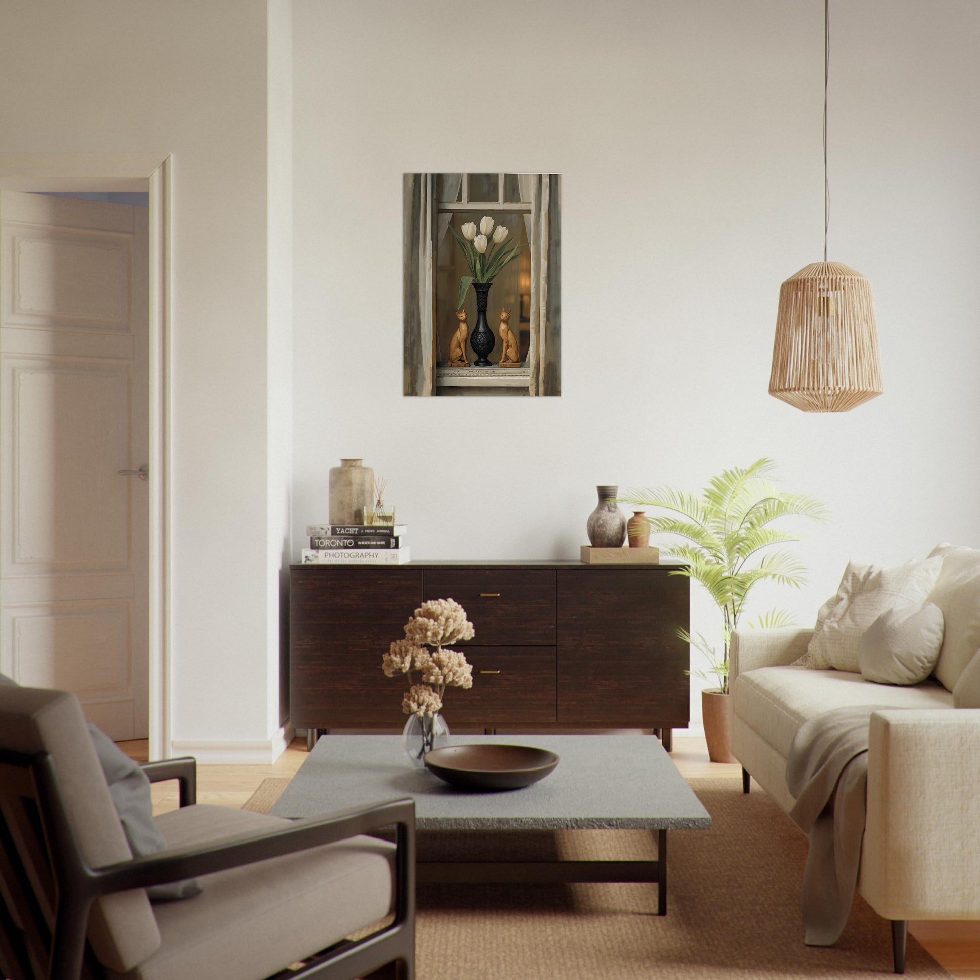 Scandinavian cat and tulip poster above sofa in cozy living room setting