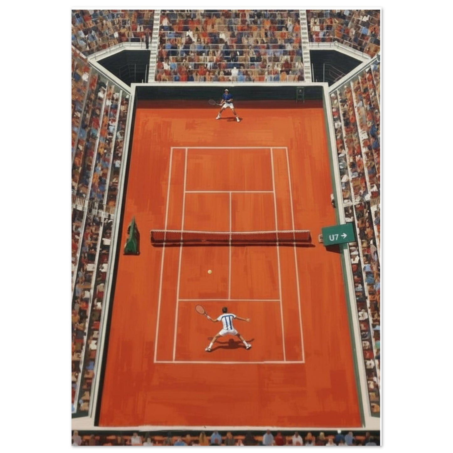 Poster of a tennis match on a red court with spectators in the stands.