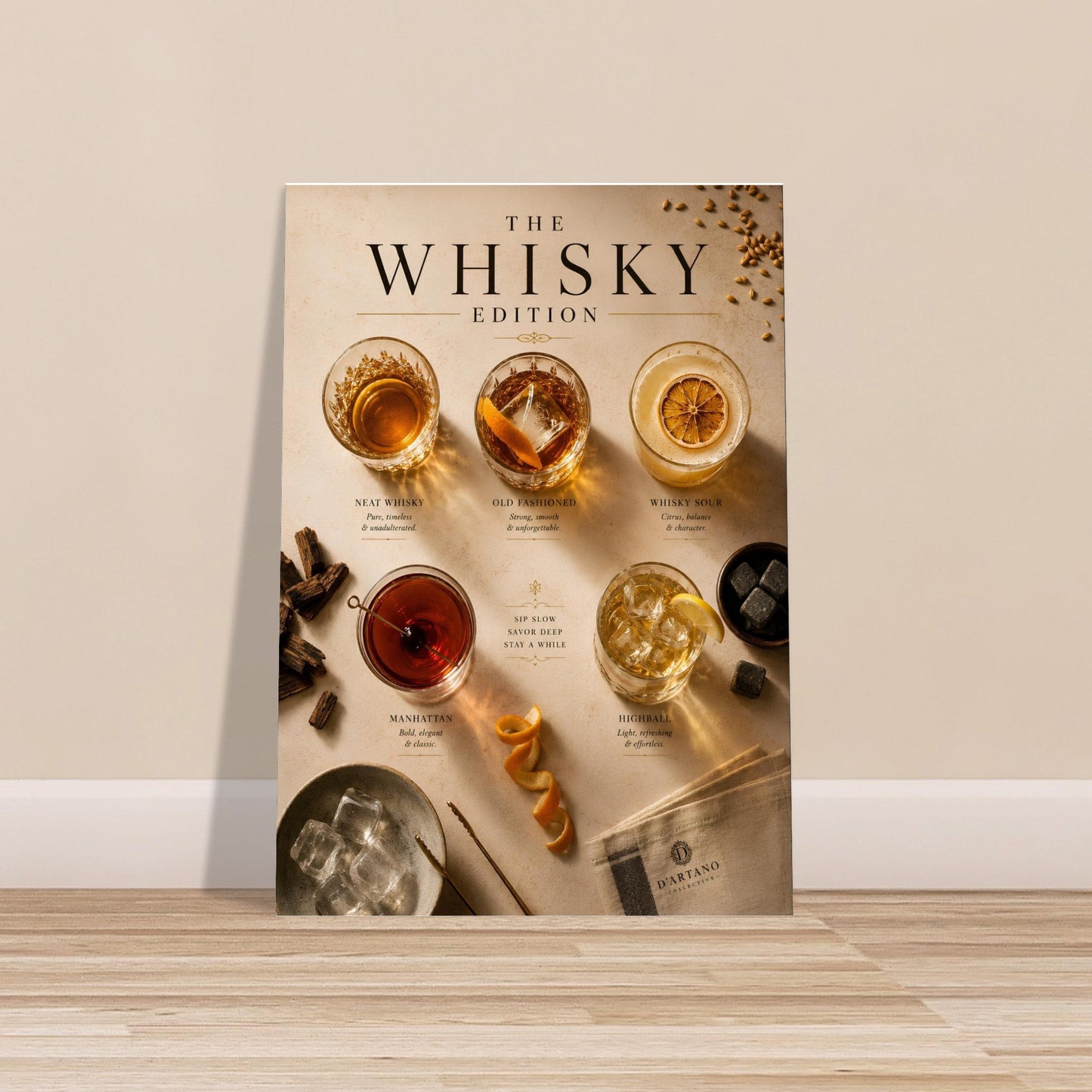 Poster titled 'The Whisky Edition' with images of whisky glasses and a bottle on a beige background.