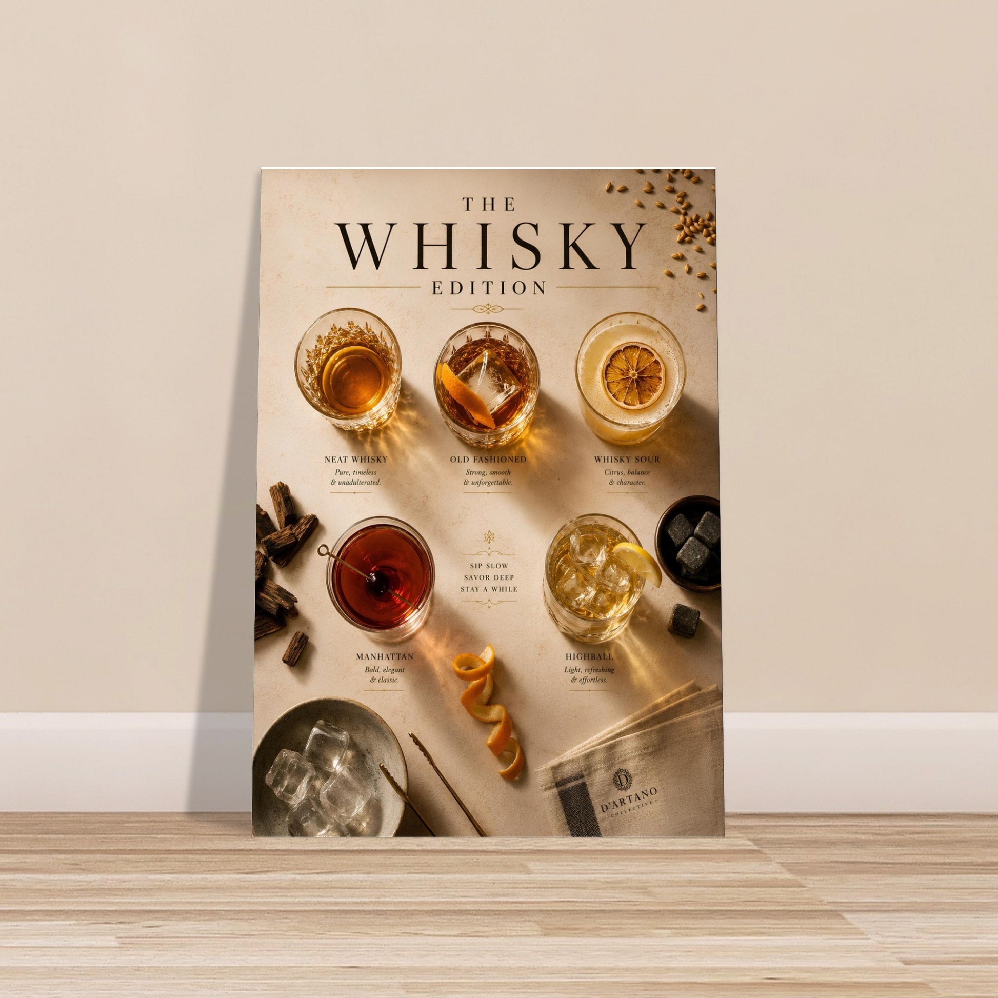 Poster titled 'The Whisky Edition' with images of whisky glasses and a bottle on a beige background.