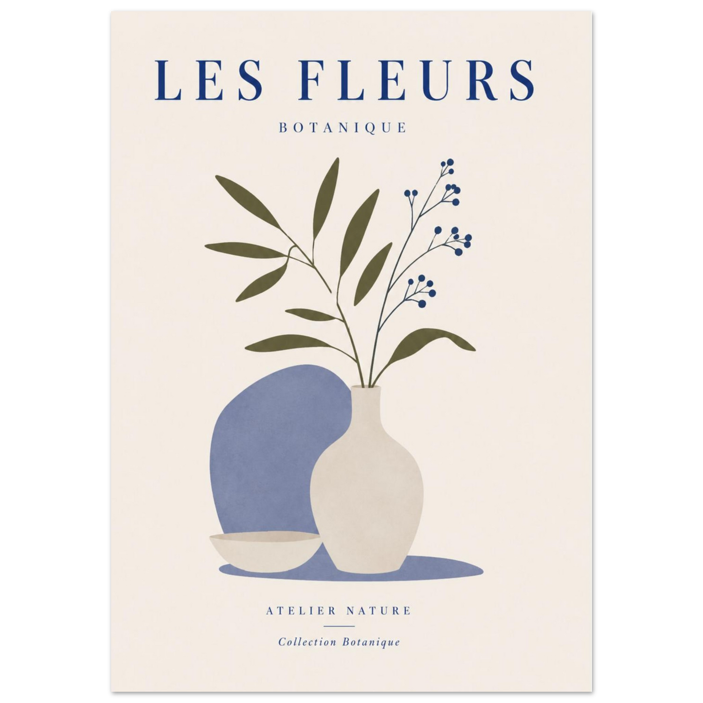 Close-up of Les Fleurs minimalist botanical print with blue vase and elegant floral stems
