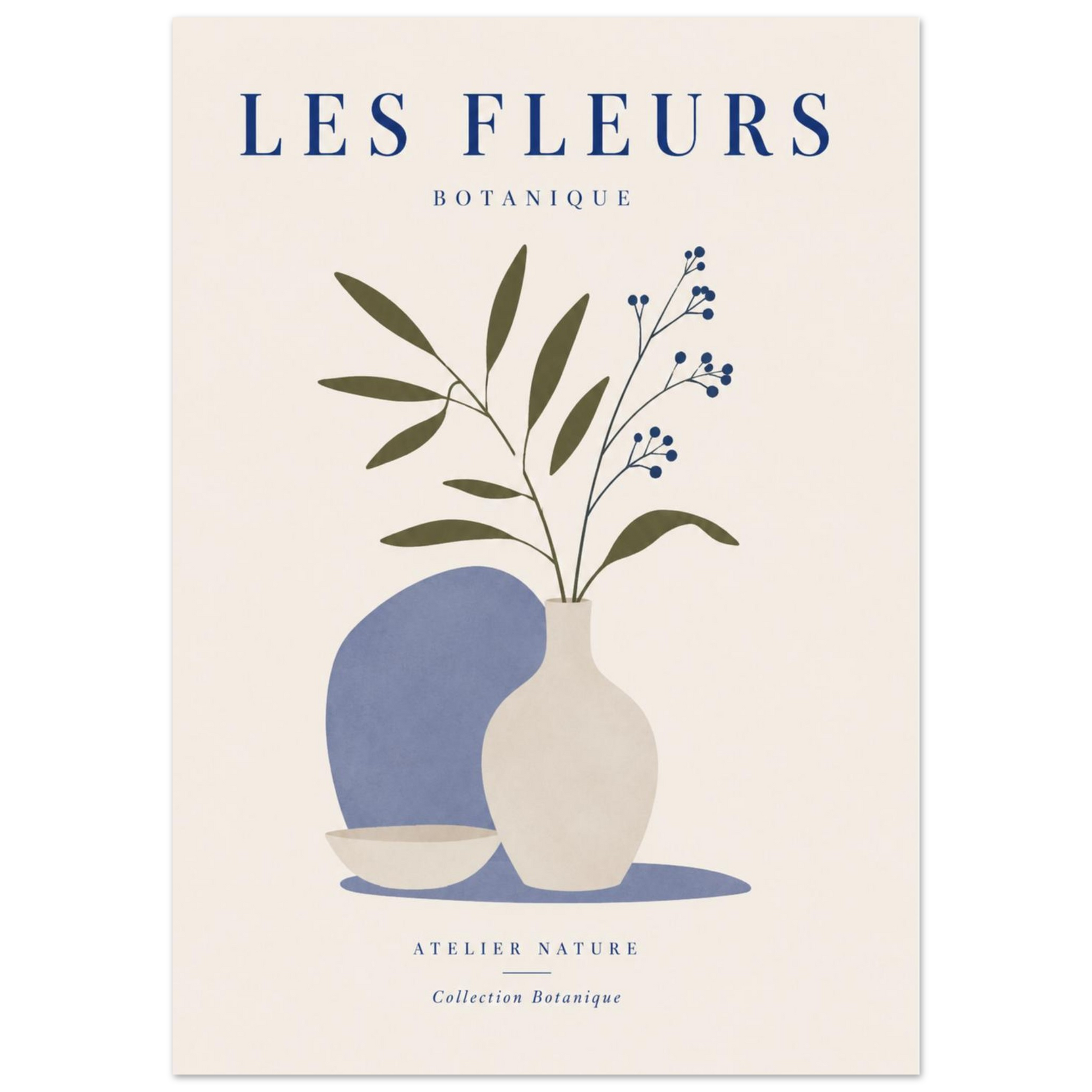 Close-up of Les Fleurs minimalist botanical print with blue vase and elegant floral stems
