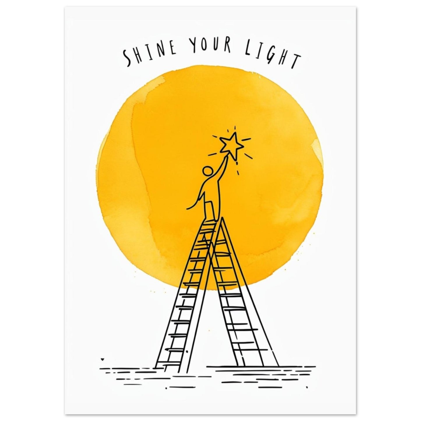 Illustration of a person on a ladder reaching for a star with 'Shine Your Light' text above against a yellow circle background.