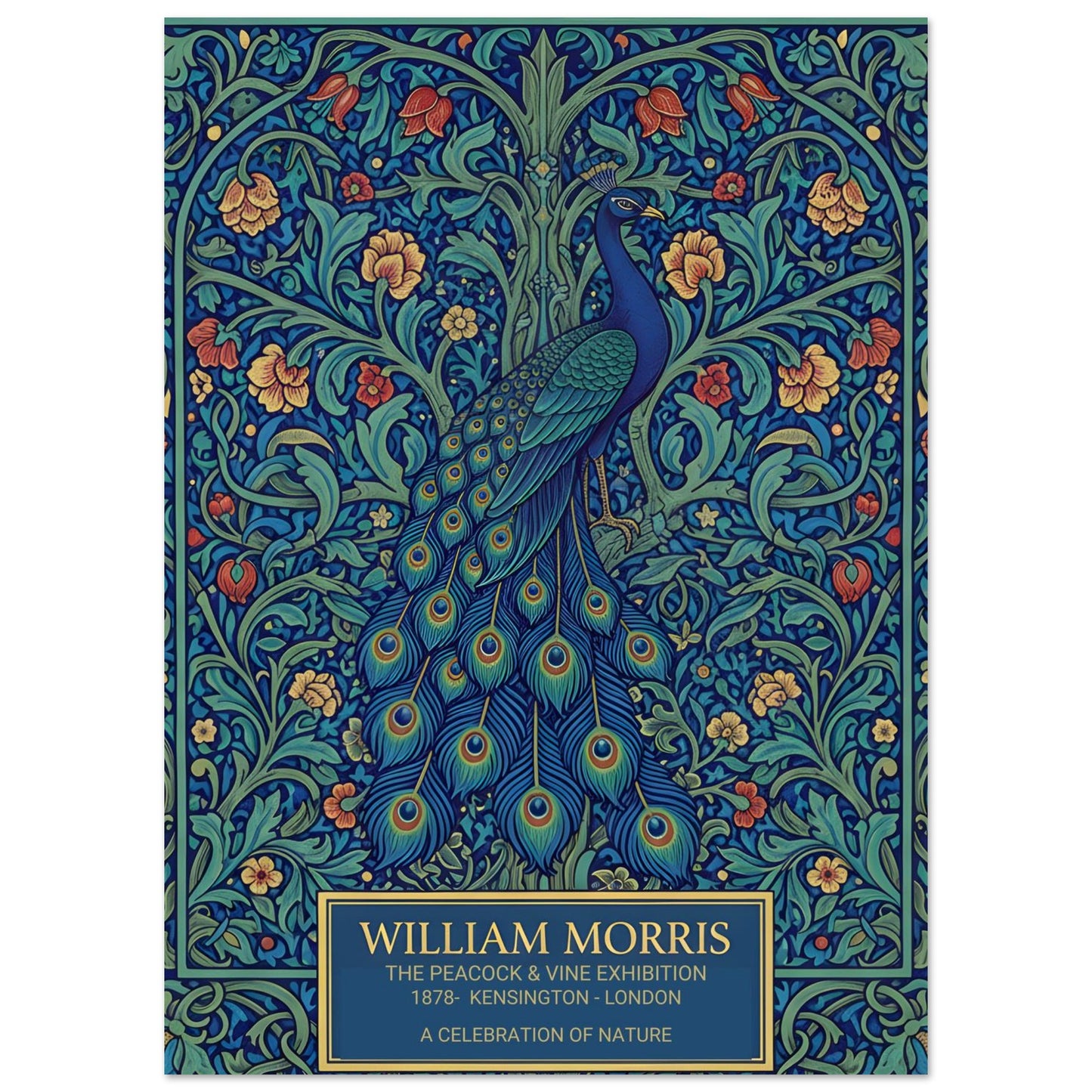 Vintage William Morris exhibition poster of a blue peacock with a long, detailed tail, surrounded by intricate green vines and orange flowers on a dark teal background. Cream-colored text at the bottom reads William Morris The Peacock and Vine Exhibition.