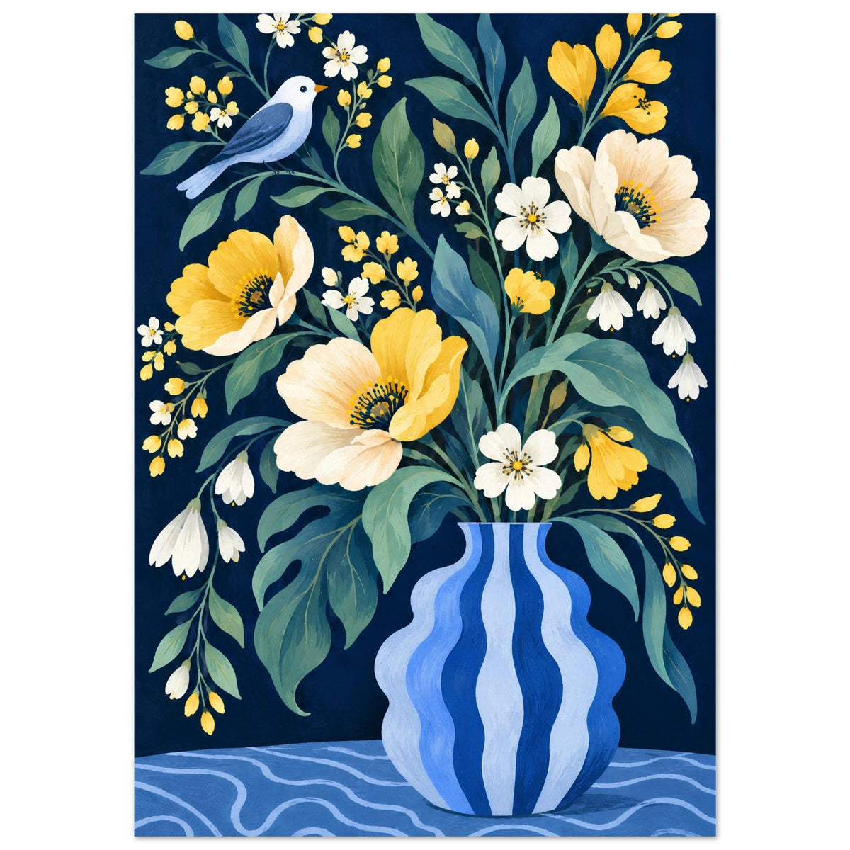 A vertical art print featuring a floral still life: yellow and white flowers with green leaves in a blue-and-white striped vase, plus a small blue bird on a dark navy background.