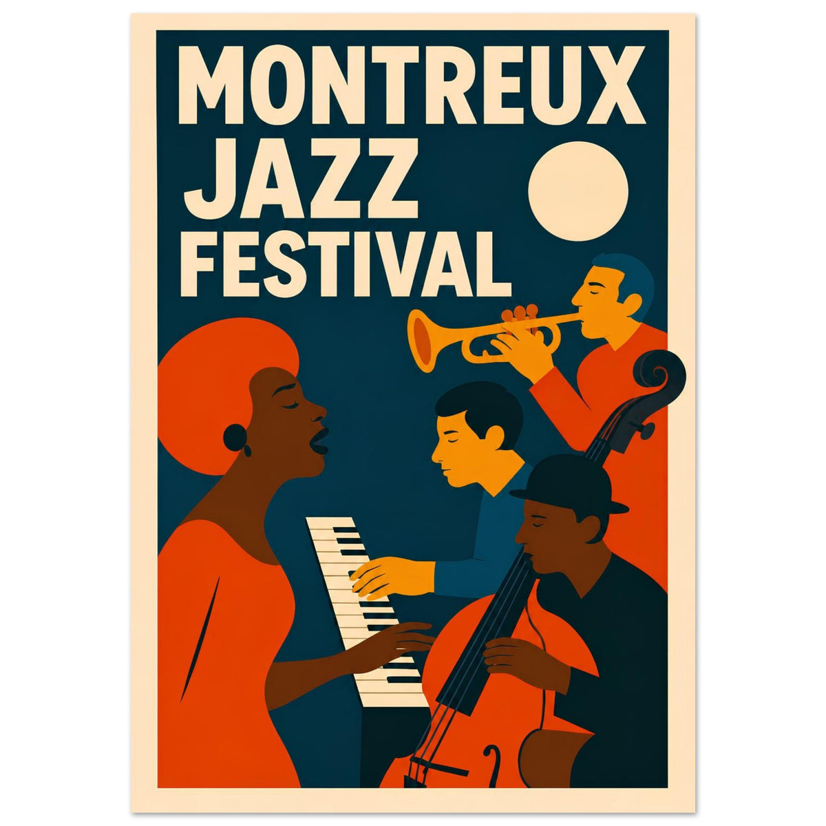 Montreux Jazz Festival poster with musicians and a trumpet on a blue background