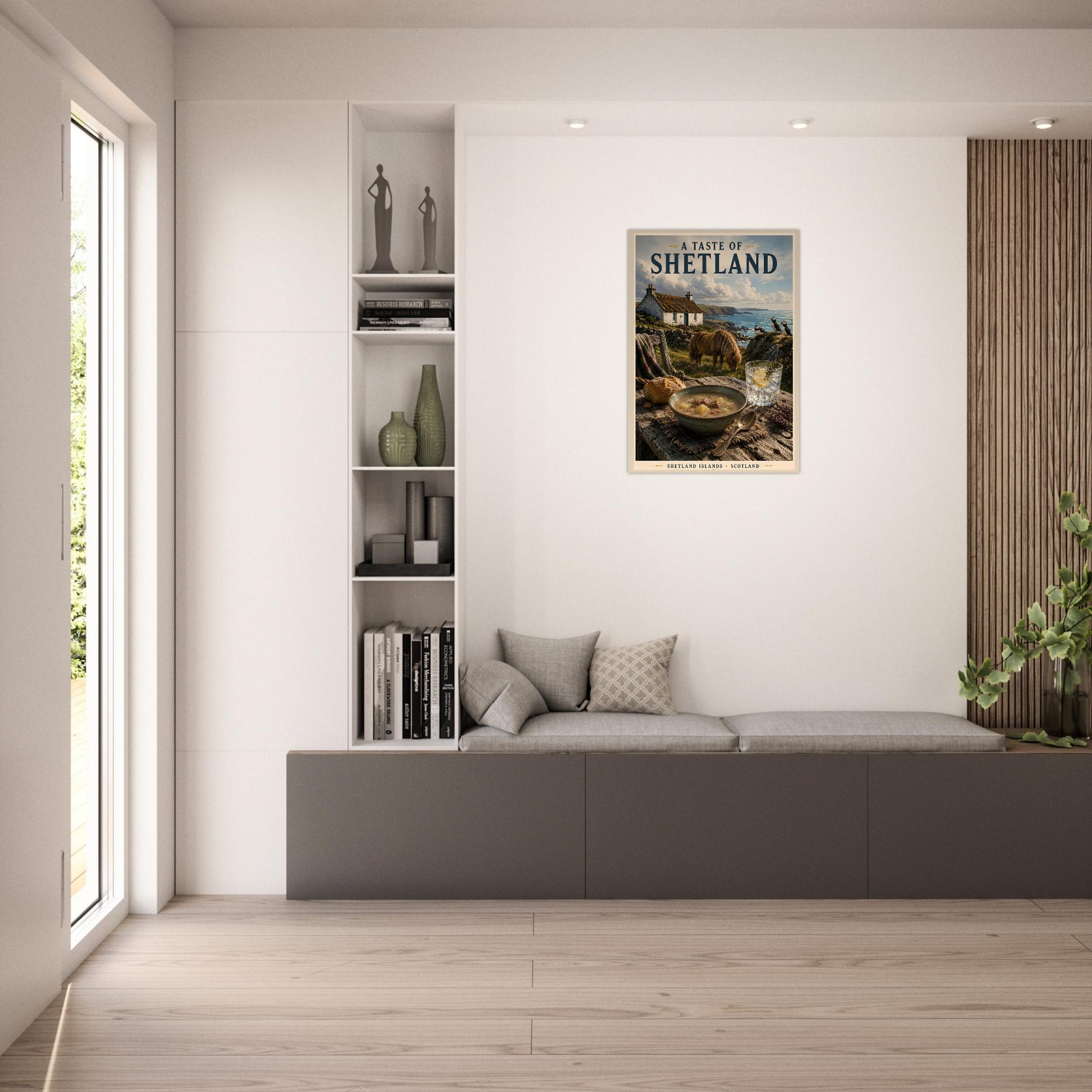 Vintage Shetland travel poster on a neutral beige wall with modern minimalist styling
