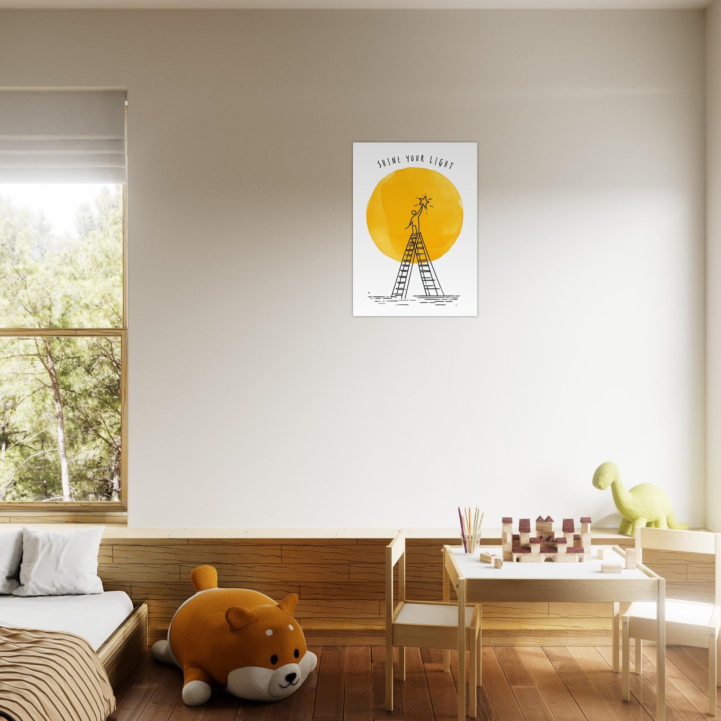 Children's room with a poster on the wall, a toy dinosaur, and a small table with toys.