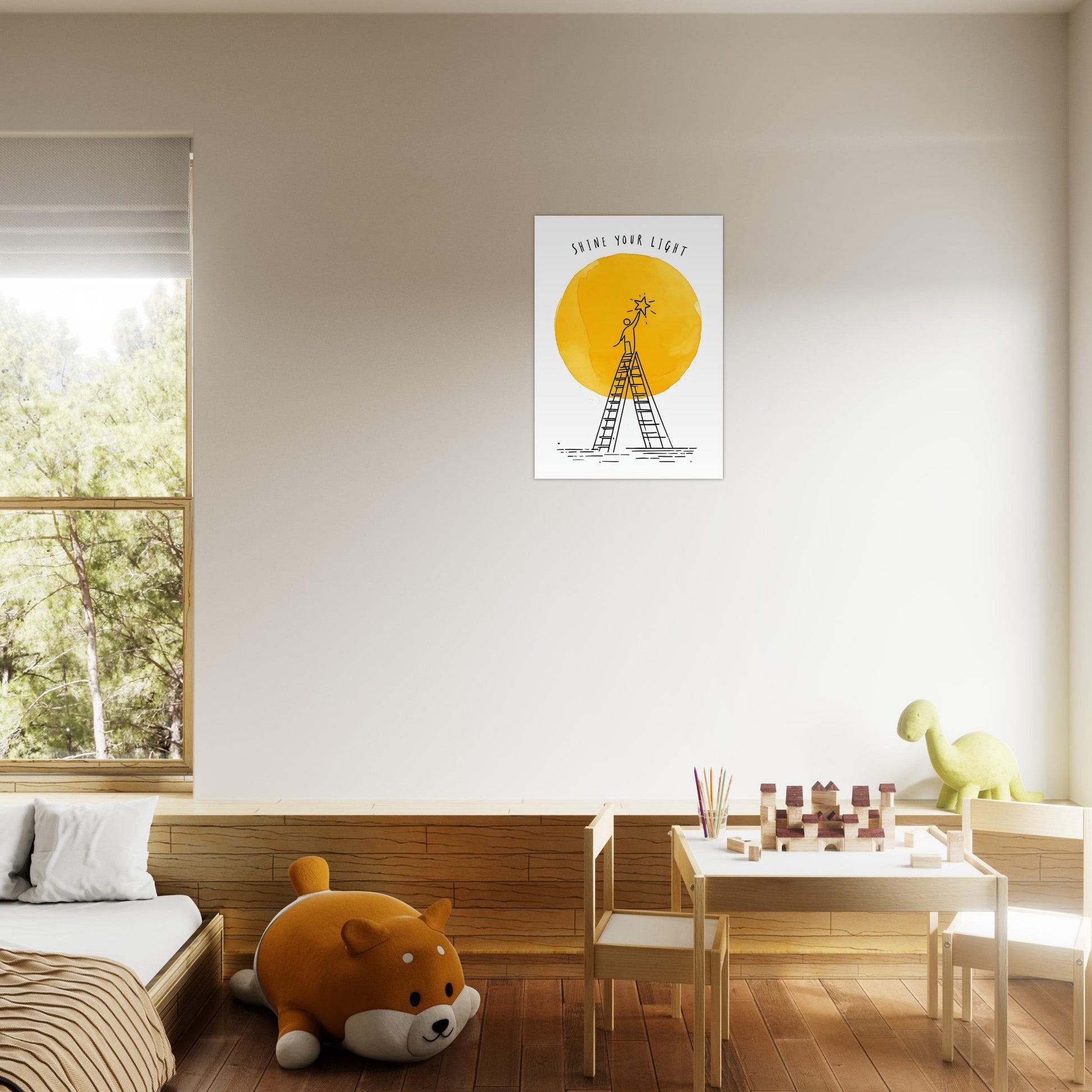 Children's room with a poster on the wall, a toy dinosaur, and a small table with toys.