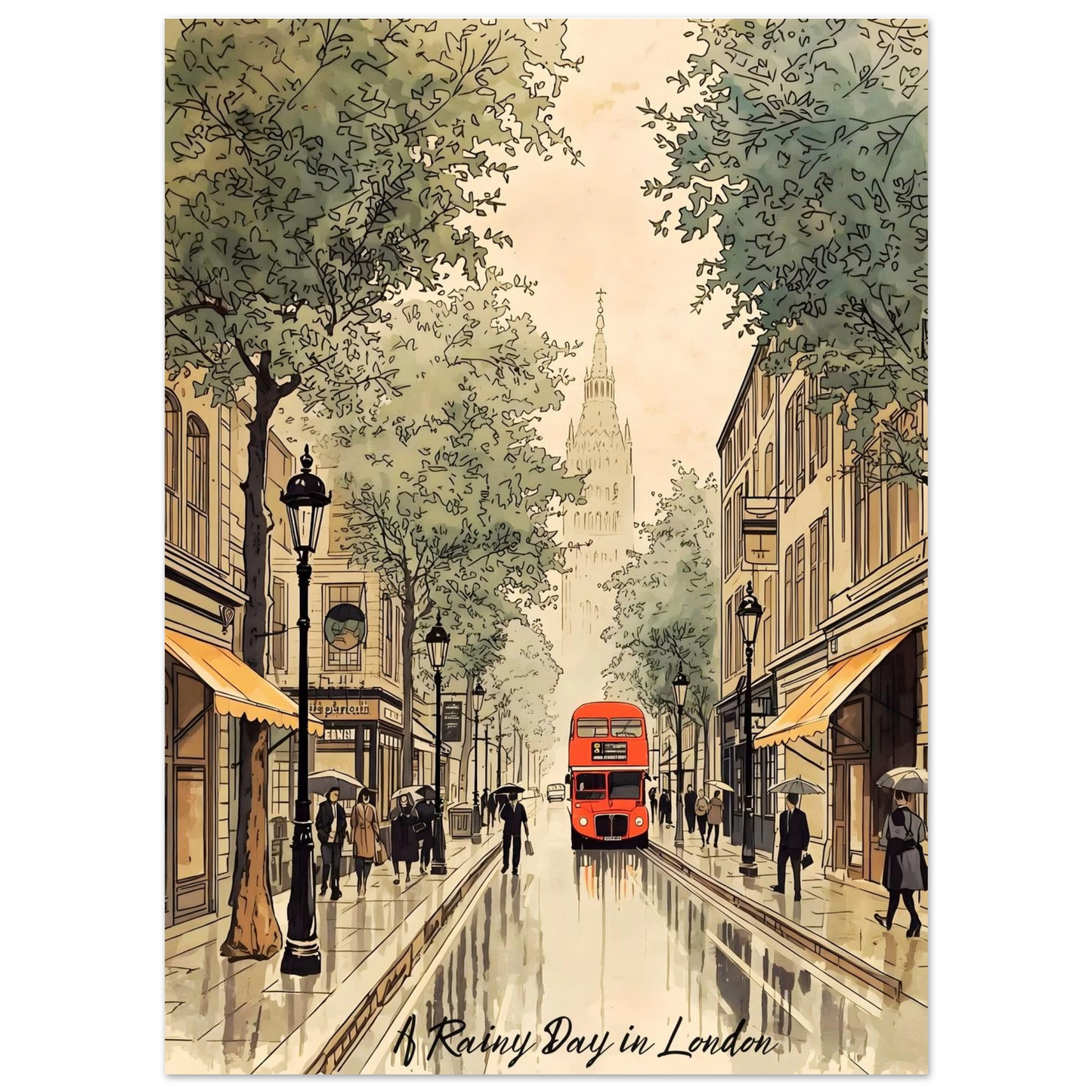 Illustration of a rainy day in London with a red double-decker bus and people with umbrellas.