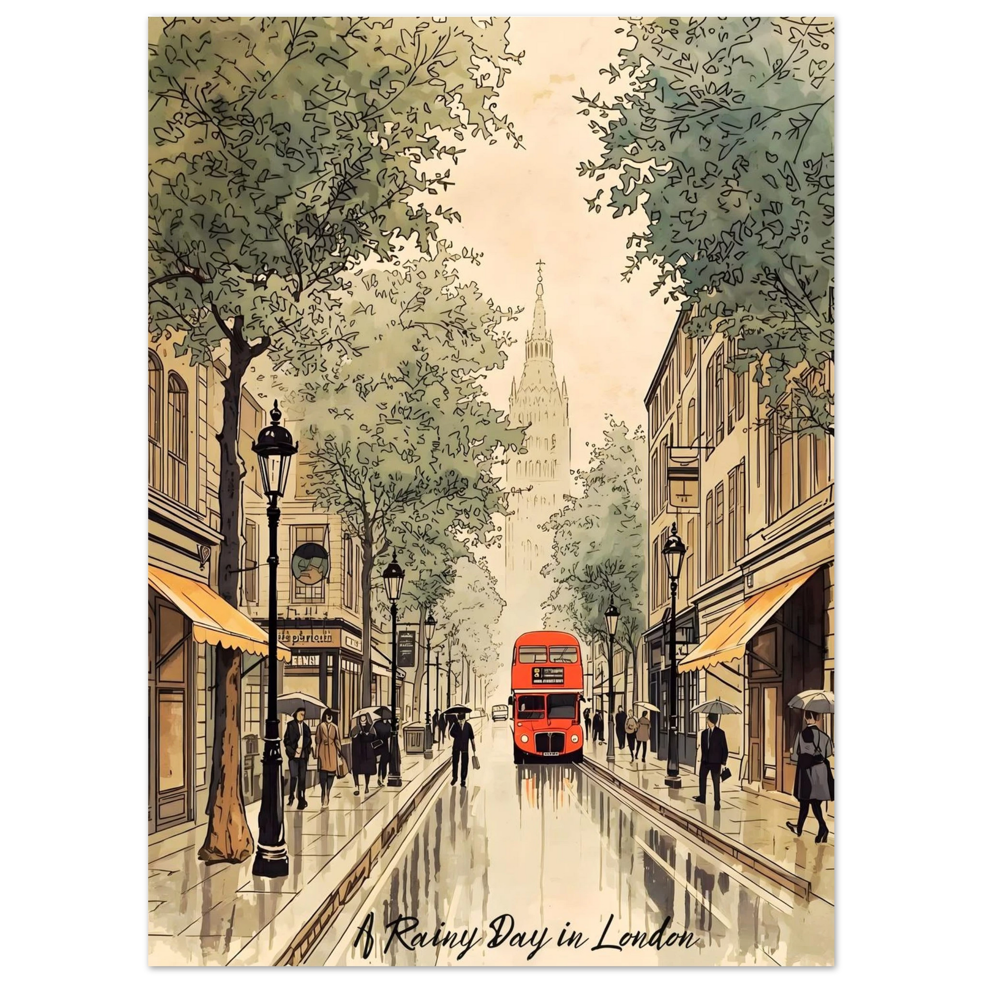 Illustration of a rainy day in London with a red double-decker bus and people with umbrellas.