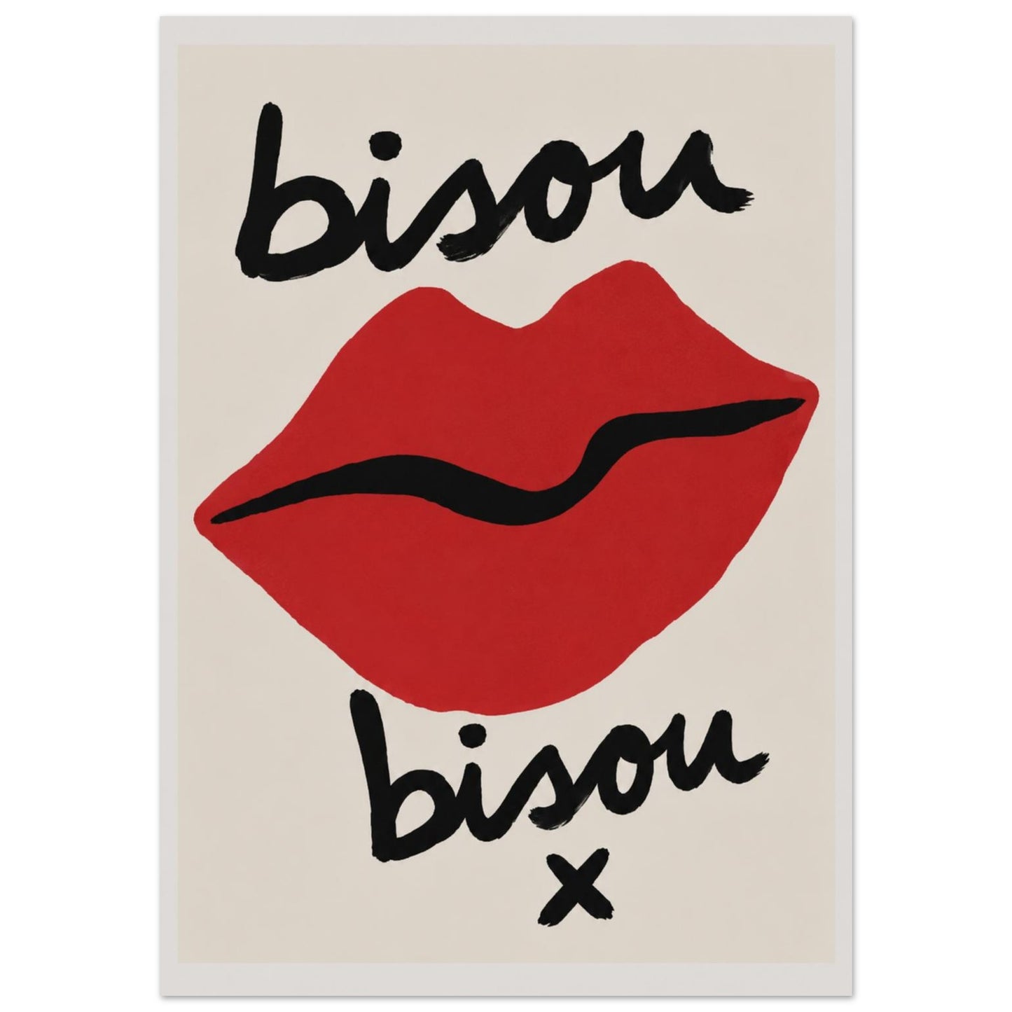 Red lips Poster with 'bisou' text on a beige background
