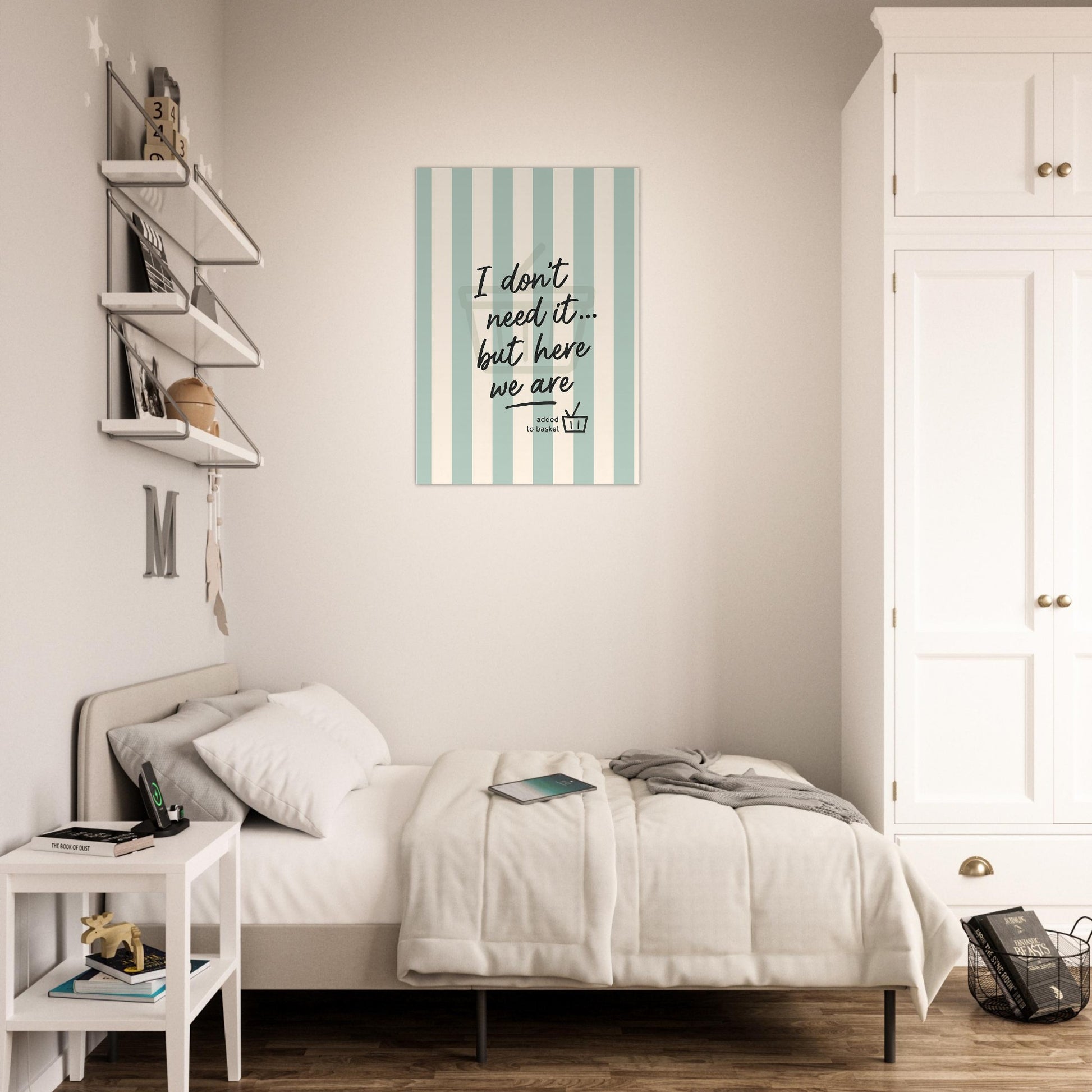 Bedroom with a bed, nightstand, and wall art featuring a motivational quote.