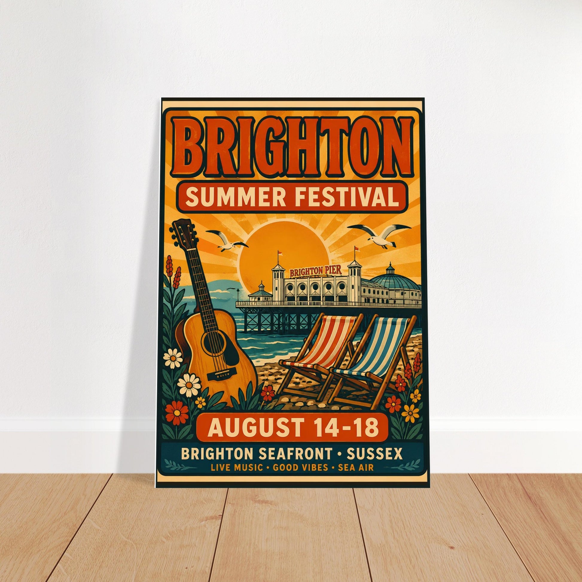 Poster for Brighton Summer Festival with guitar, deck chairs, and sunset design.
