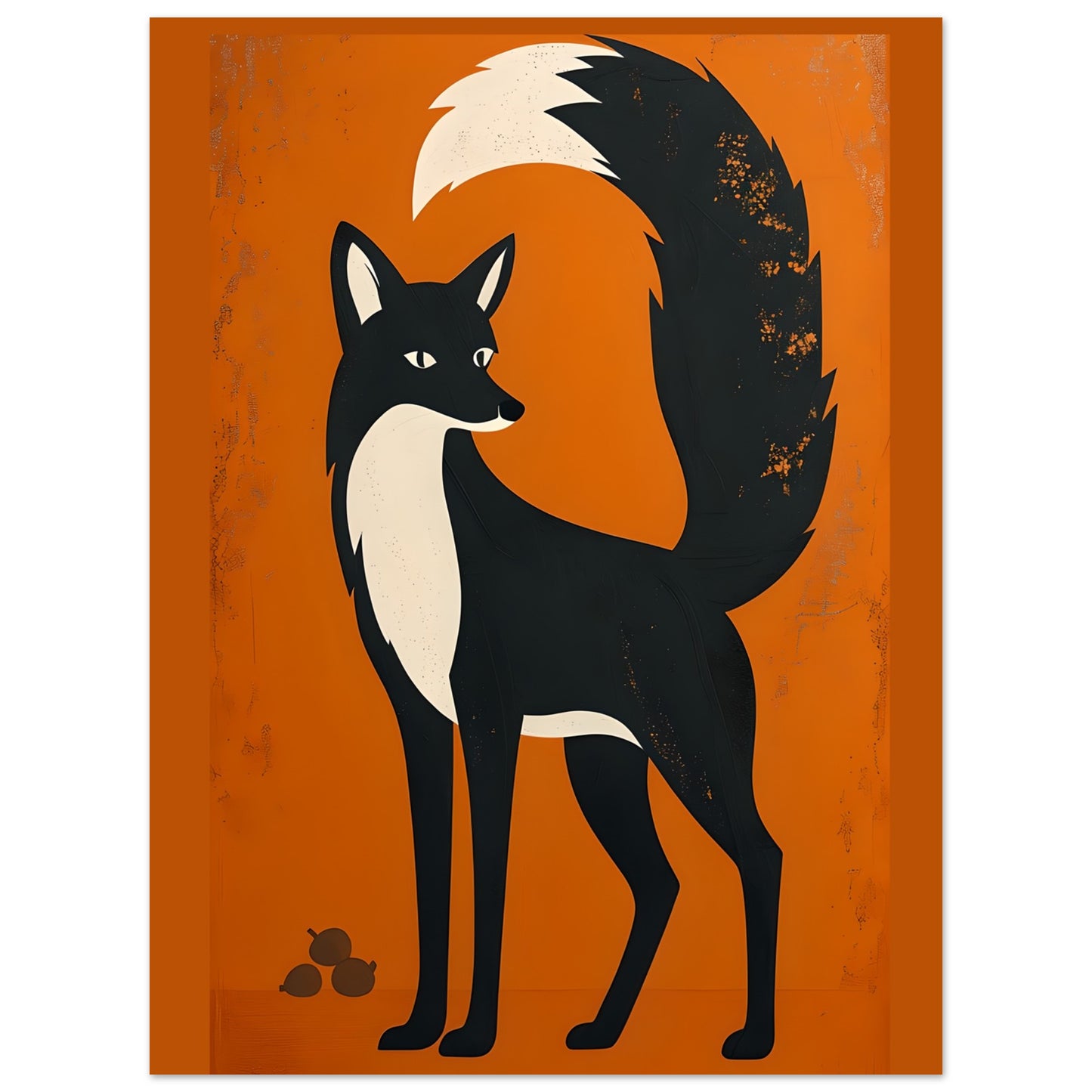 Illustration of a black and white fox on an orange background