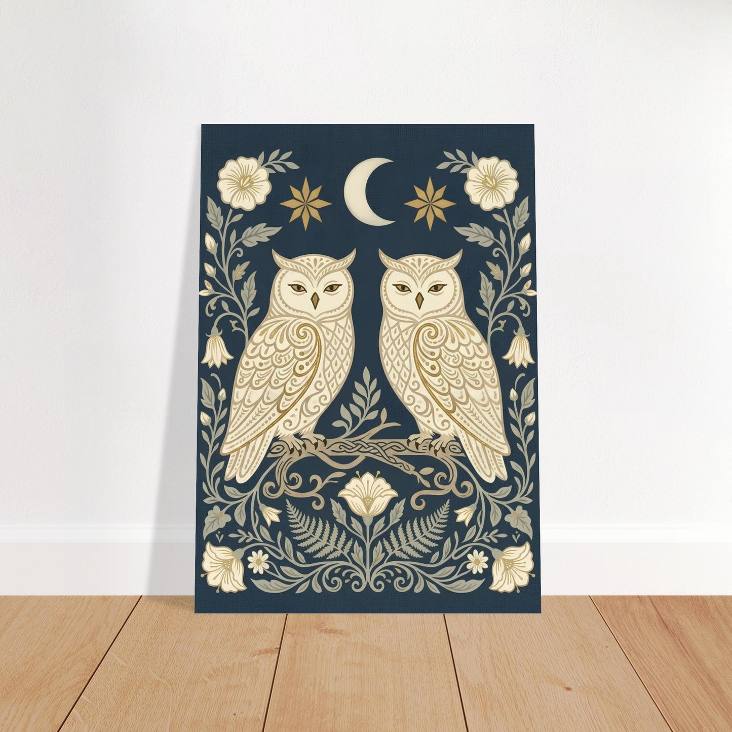 Owls & Moonflowers folk art poster displayed in a cosy living room, featuring two cream owls beneath a crescent moon on a deep navy background.