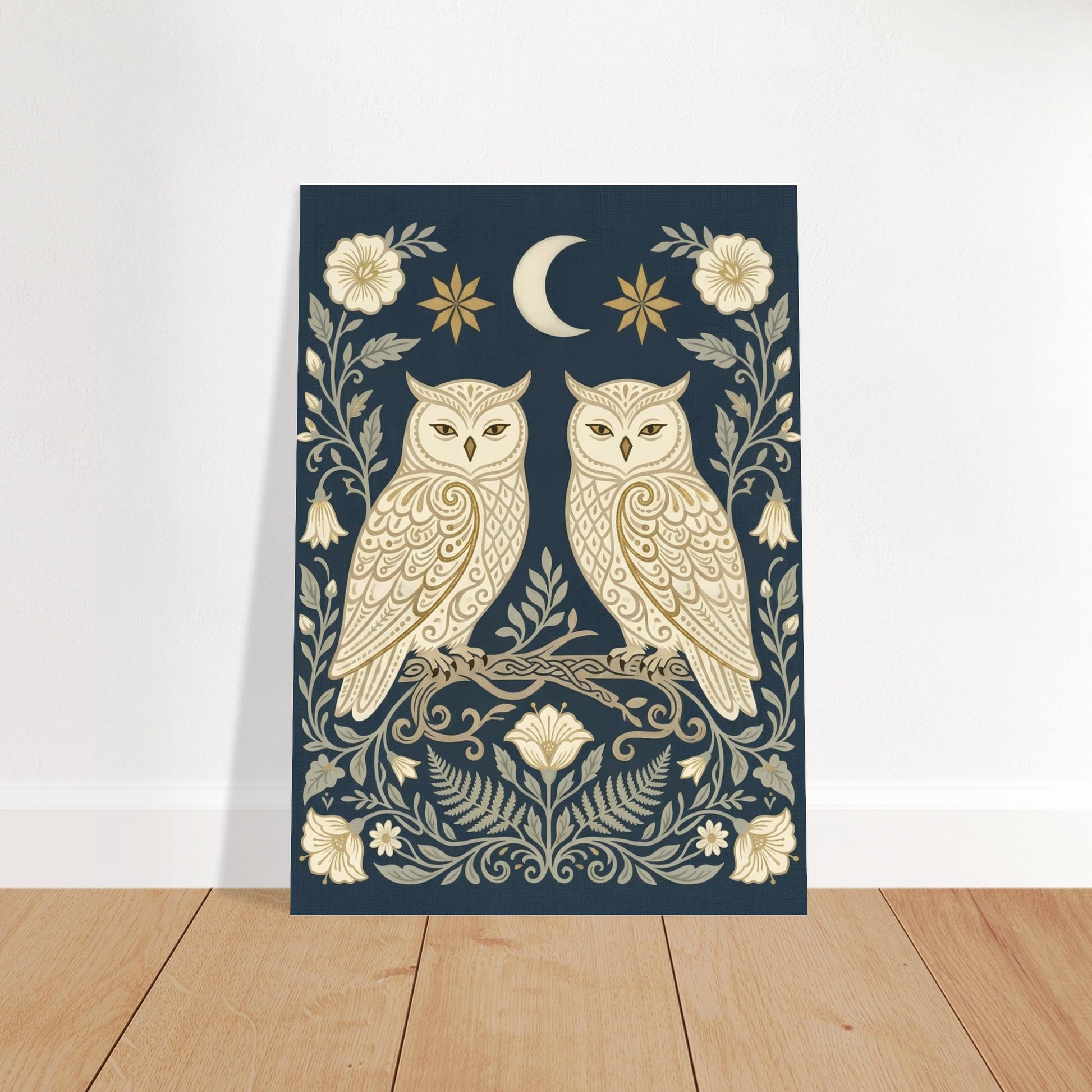 Owls & Moonflowers folk art poster displayed in a cosy living room, featuring two cream owls beneath a crescent moon on a deep navy background.