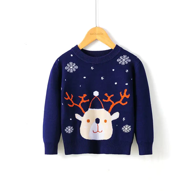 Navy blue sweater with reindeer design on a white background