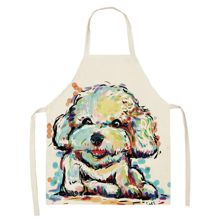 Apron with a colorful dog illustration on a white background