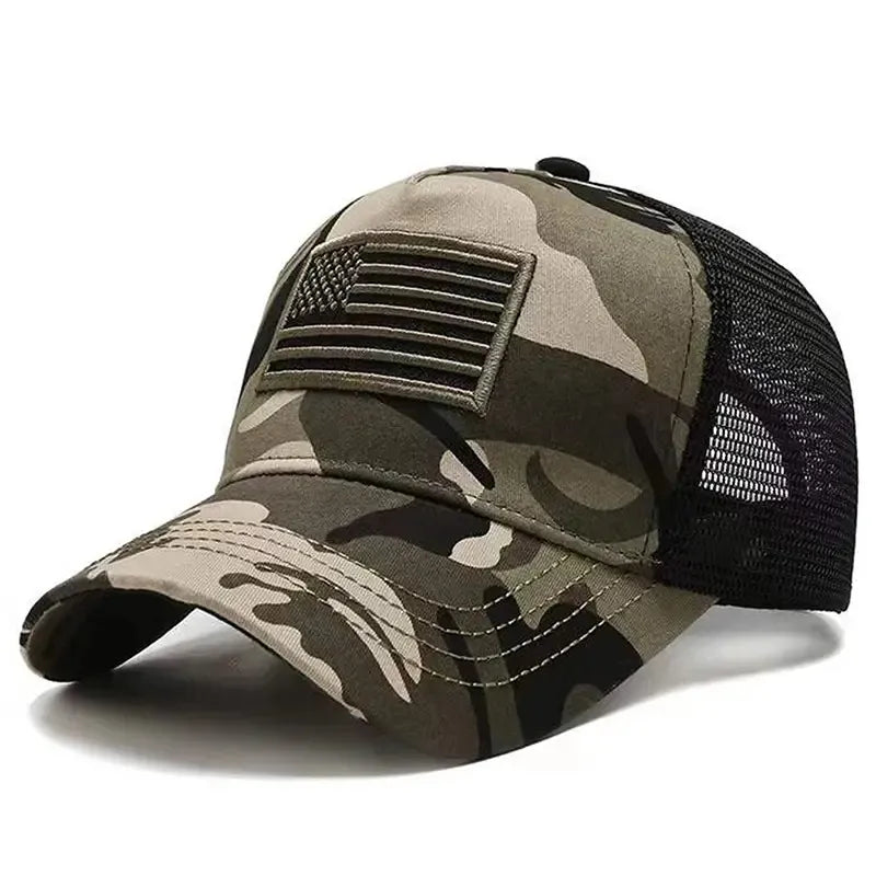 Camouflage baseball cap with American flag patch on a white background
