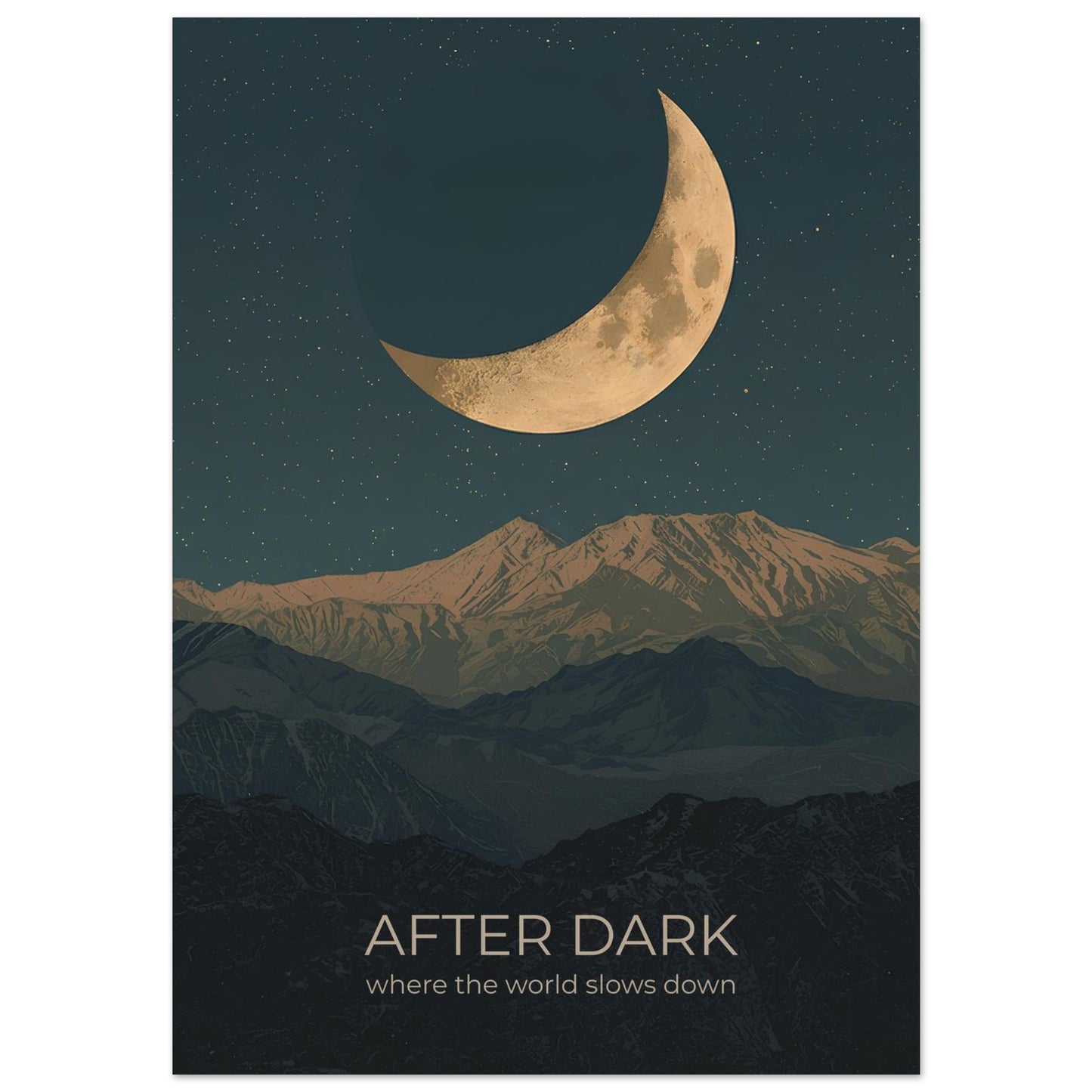 Close-up of After Dark moon wall art featuring a glowing crescent moon above layered mountains in deep navy and teal tones.