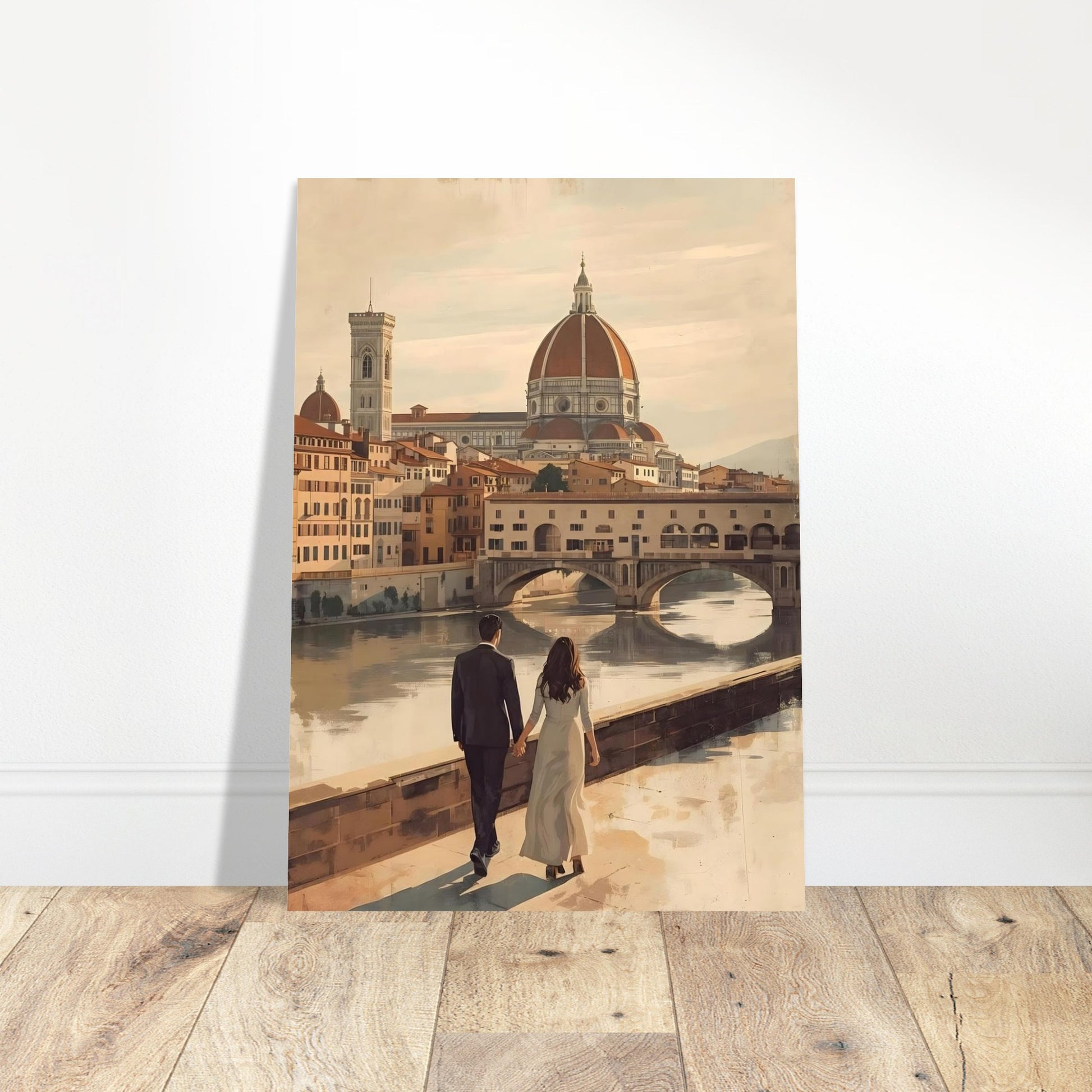 Romantic Florence wall art featuring a couple by the Arno River with the Duomo and Ponte Vecchio in warm vintage tones. Elegant Italian city decor.