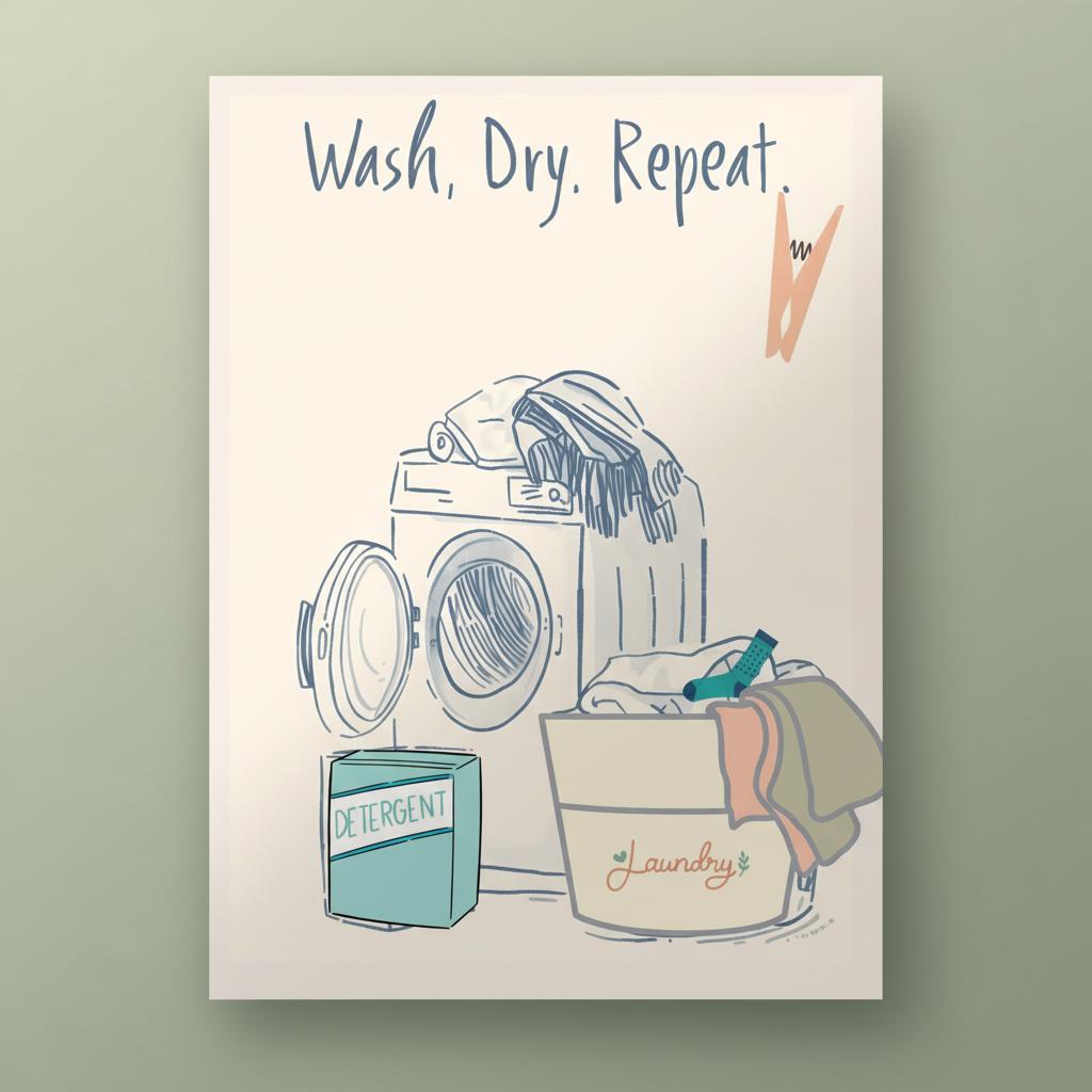 Illustration of a washing machine, detergent box, and laundry basket with 'Wash. Dry. Repeat.' text on a beige background.