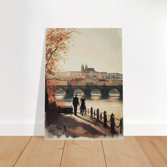 Romantic Prague poster with Charles Bridge and castle skyline at sunset