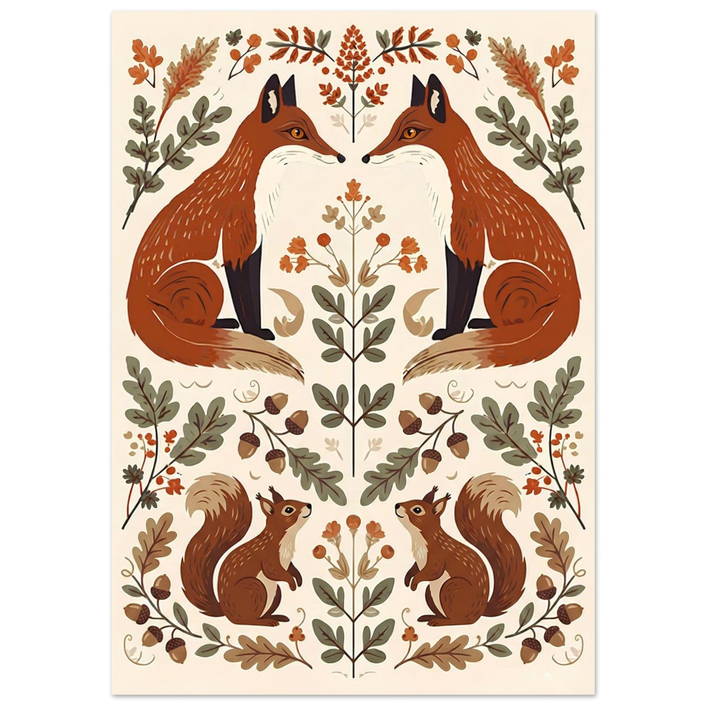Close-up of Foxes & Ferns woodland wall art featuring red foxes, acorns, ferns and decorative folk art elements.