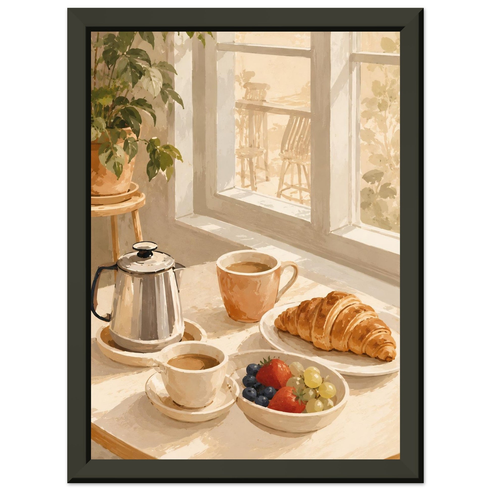 Breakfast scene with coffee, croissant, and fruit on a windowsill.