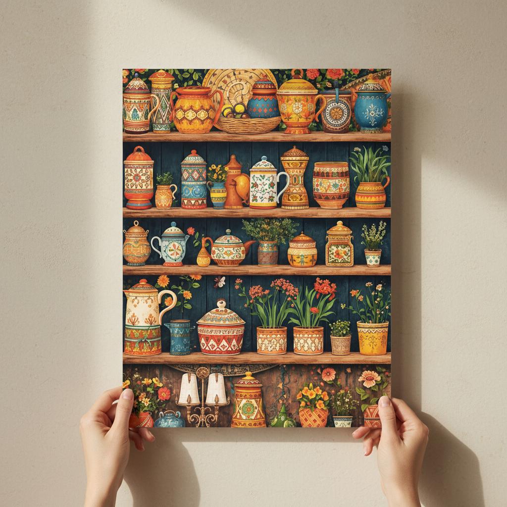 Framed artwork of a colorful shelf with decorative items and plants on a beige wall.