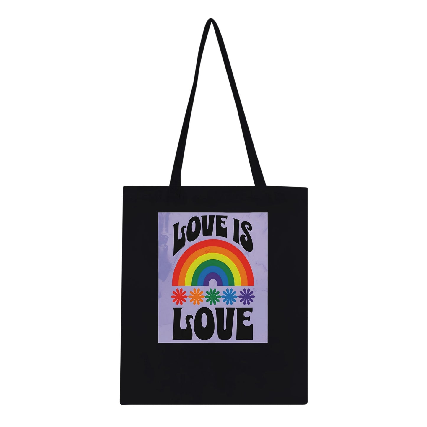 Love Is Love Tote Bag – LGBTQ+ Pride Rainbow Shopper Bag | Eco-Friendly Reusable Cotton Tote with Retro 70s Style Design