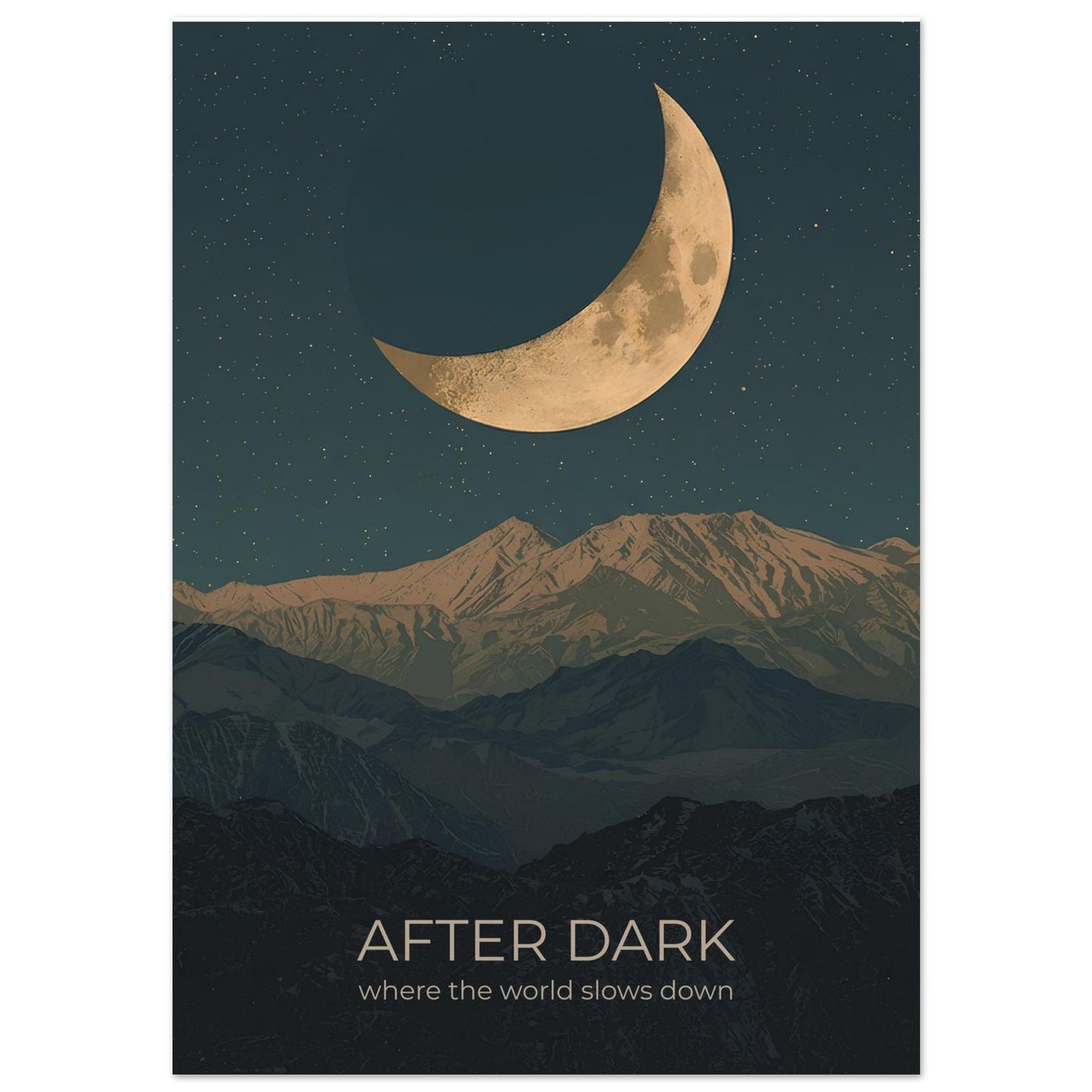 Close-up of After Dark moon wall art featuring a glowing crescent moon above layered mountains in deep navy and teal tones.