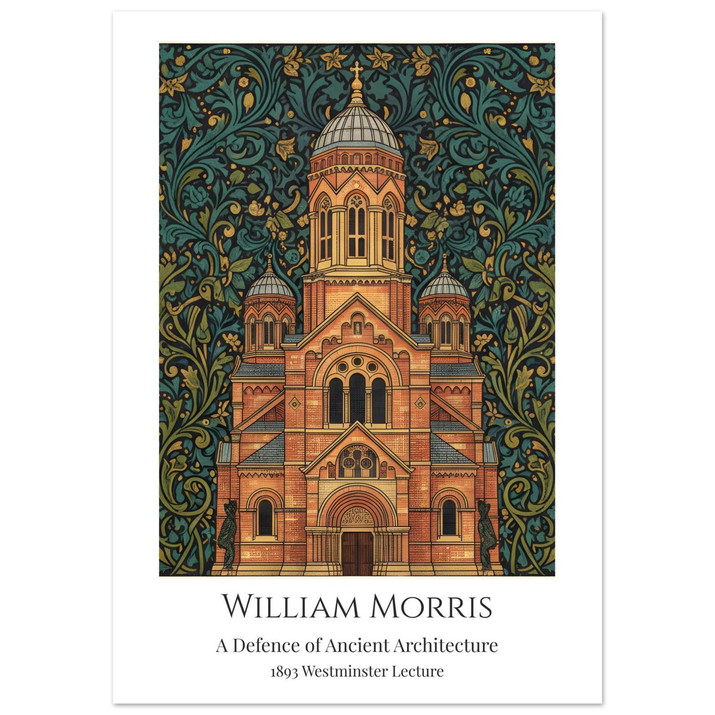 A William Morris style art print of Westminster Cathedral featuring a Neo-Byzantine architectural facade in gold and brick tones. The building is surrounded by an intricate, dense teal and dark green botanical pattern. The bottom features a clean white border with the text: William Morris, A Defence of Ancient Architecture, 1893 Westminster Lecture