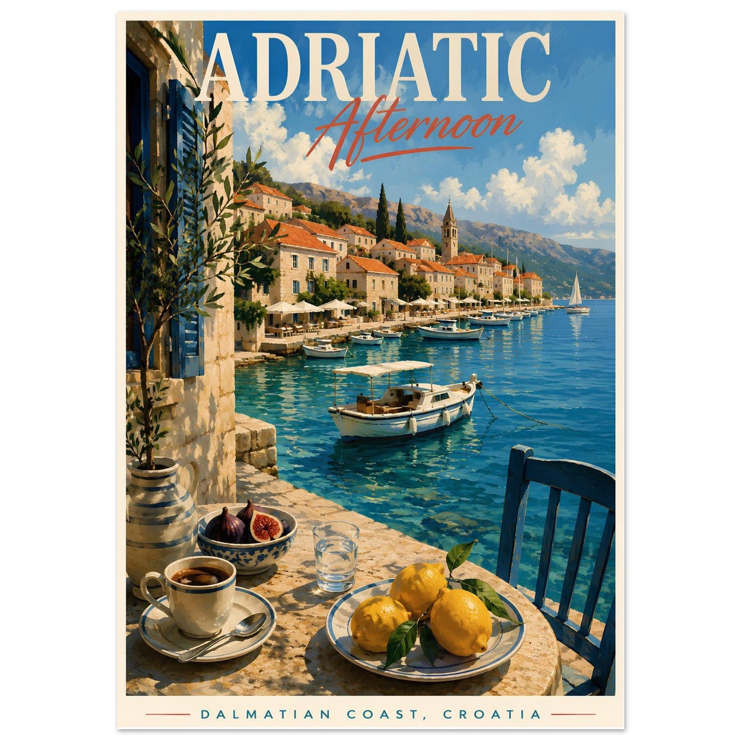 Croatia travel poster featuring a sunlit harbour, sailing boats and coastal village artwork
