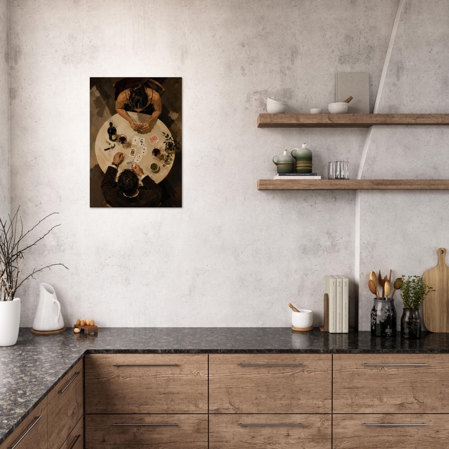 After Dinner art print displayed in a modern neutral kitchen with warm wood cabinetry.